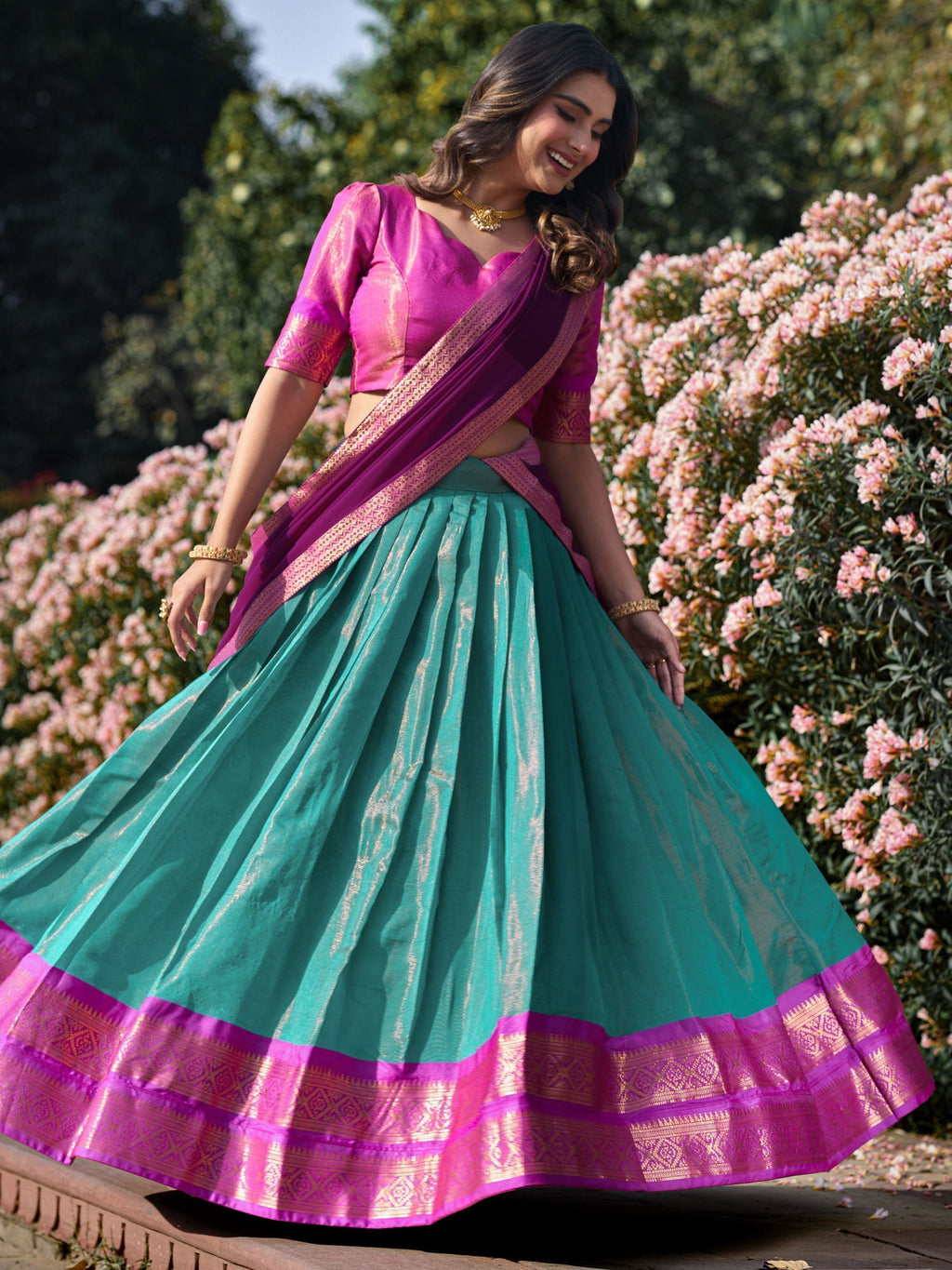 Sky Blue Kanchipuram Silk Zari Weaving Work Traditional Lehenga Choli