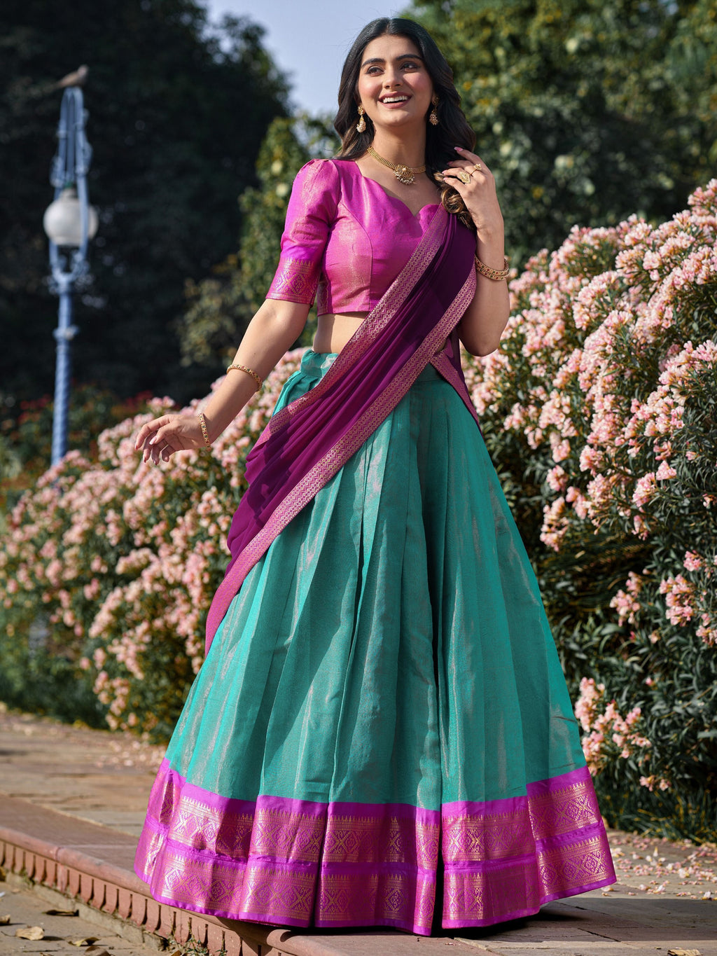 Sky Blue Kanchipuram Silk Zari Weaving Work Traditional Lehenga Choli
