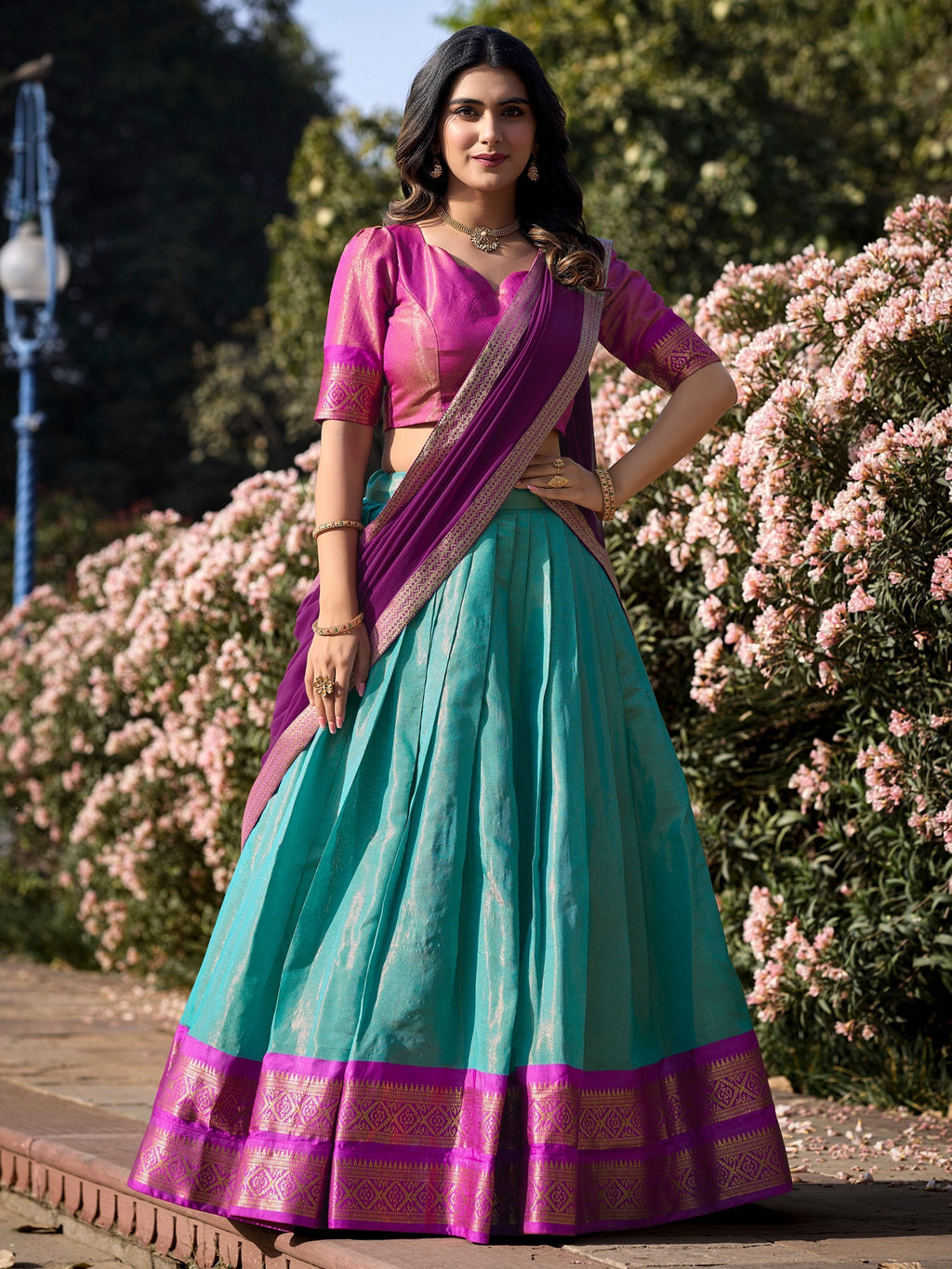 Sky Blue Kanchipuram Silk Zari Weaving Work Traditional Lehenga Choli