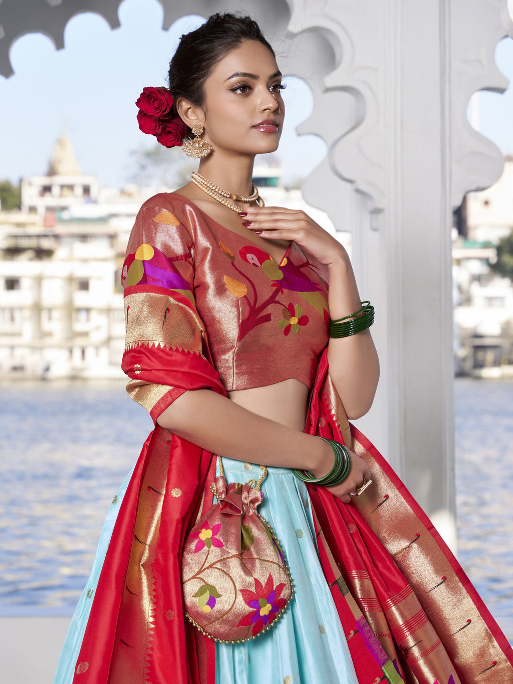 Sky Blue Jacquard Silk Paithani Lehenga Choli 