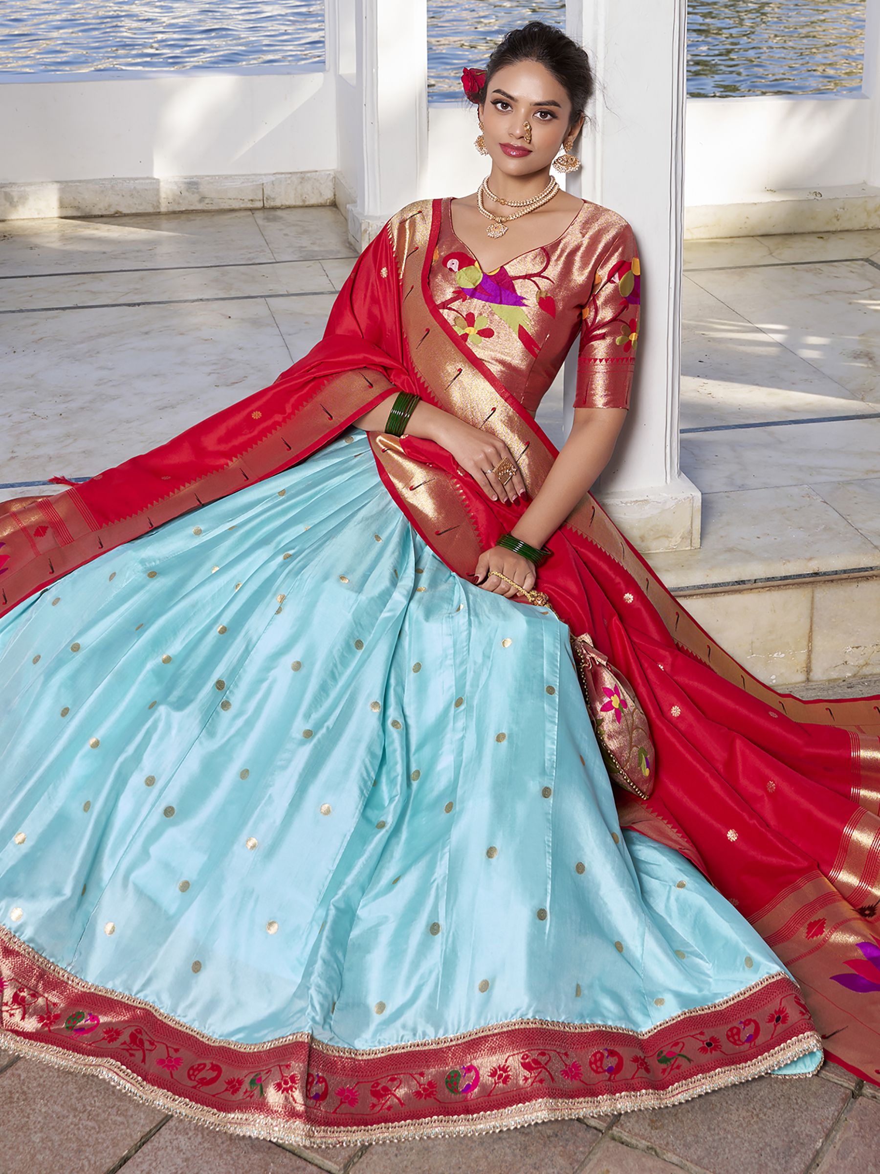 Sky Blue Jacquard Silk Paithani Lehenga Choli