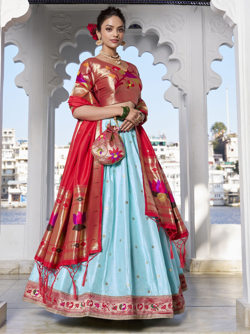 Sky Blue Jacquard Silk Paithani Lehenga Choli 