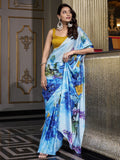 Sky blue satin silk printed saree with moonga silk blouse