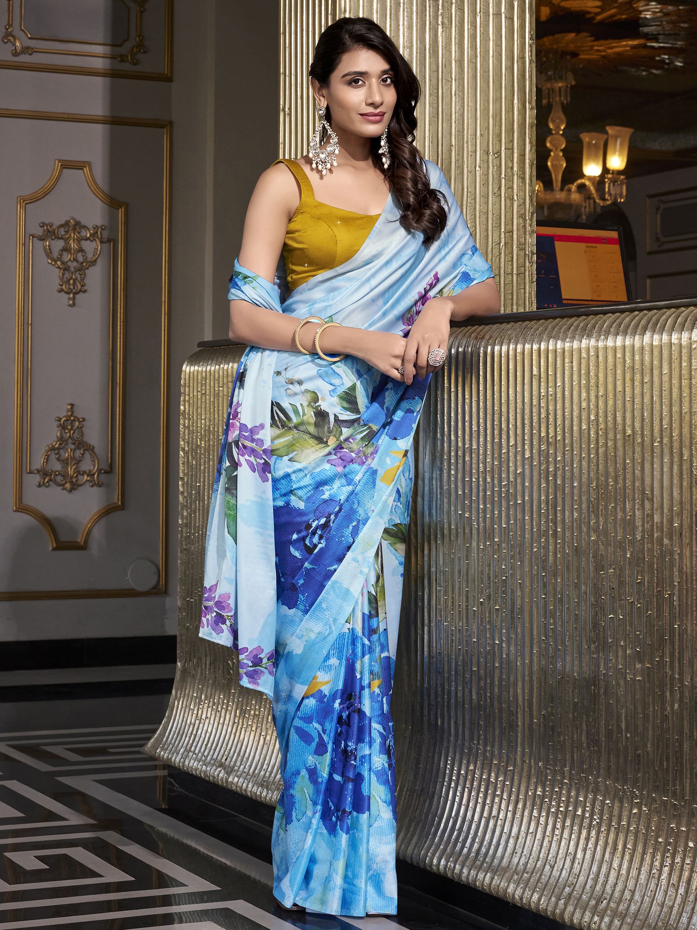 Sky blue satin silk printed saree with moonga silk blouse