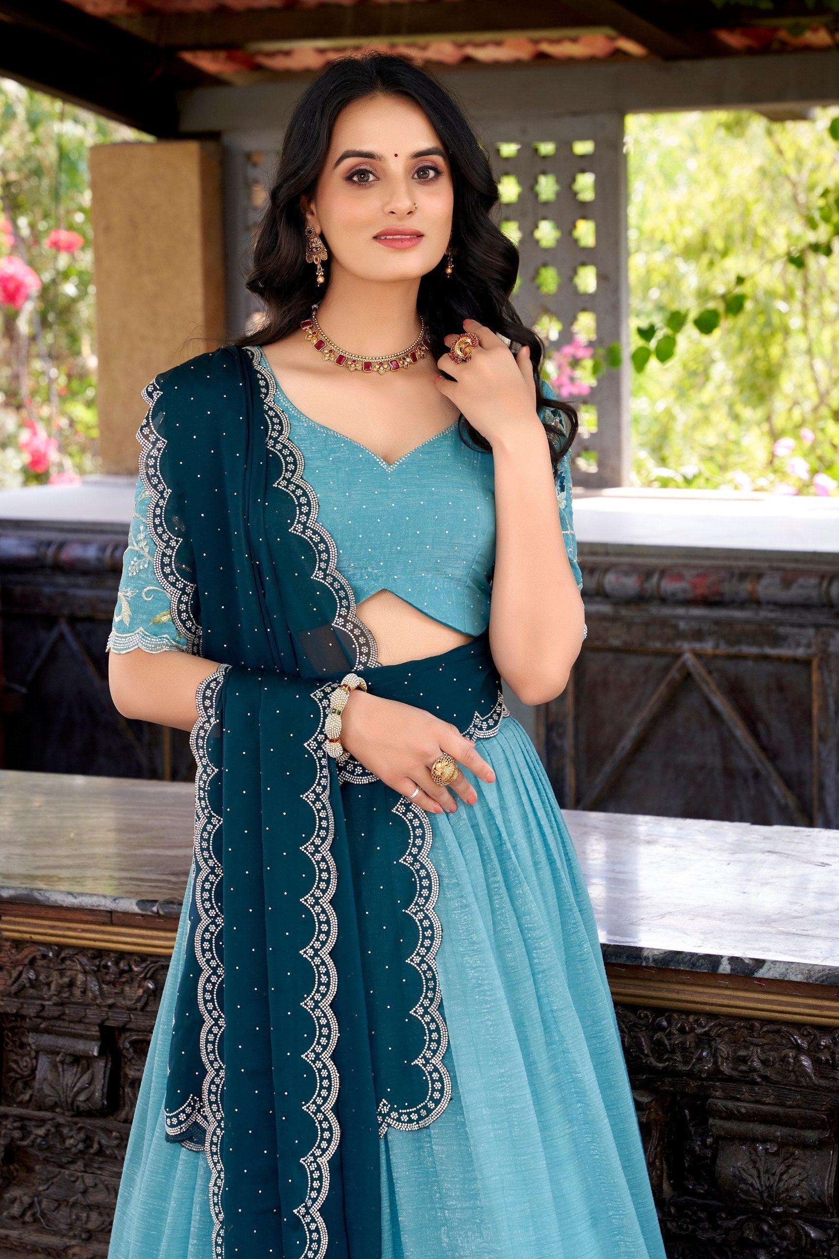 Sky blue silver glossy embroidered hotfix work lehenga choli