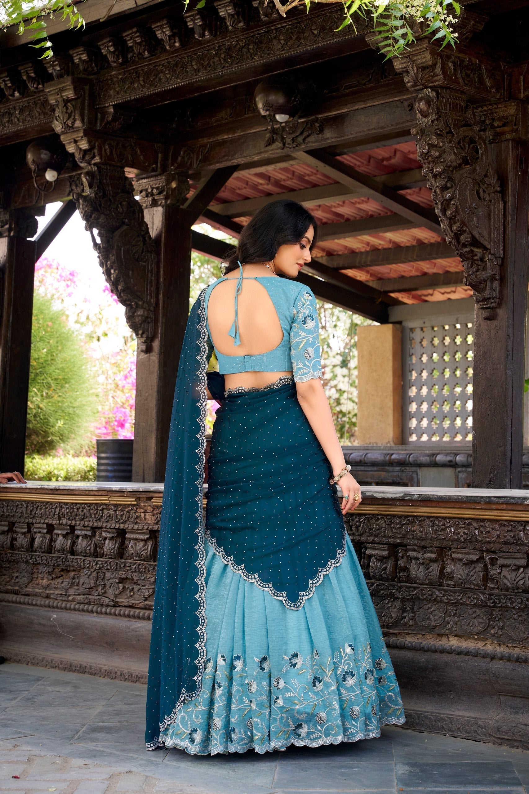 Sky blue silver glossy embroidered hotfix work lehenga choli