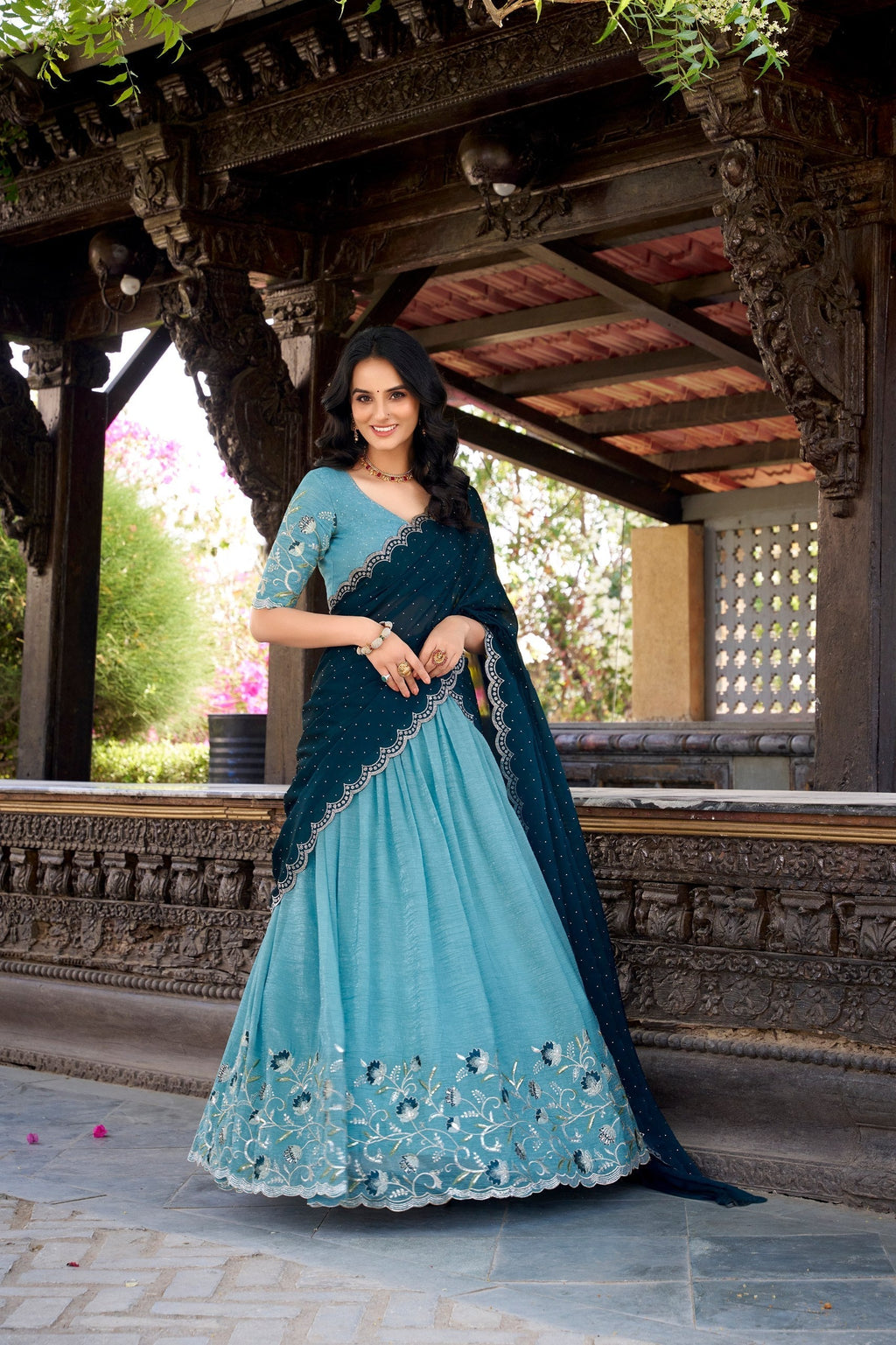 Sky blue silver glossy embroidered hotfix work lehenga choli