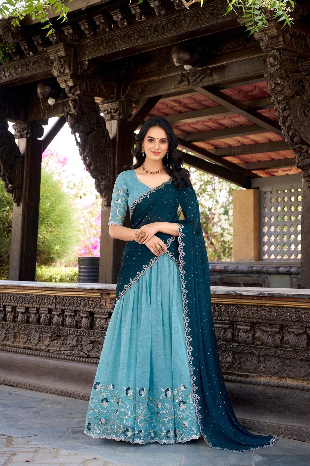 Sky blue silver glossy embroidered hotfix work lehenga choli