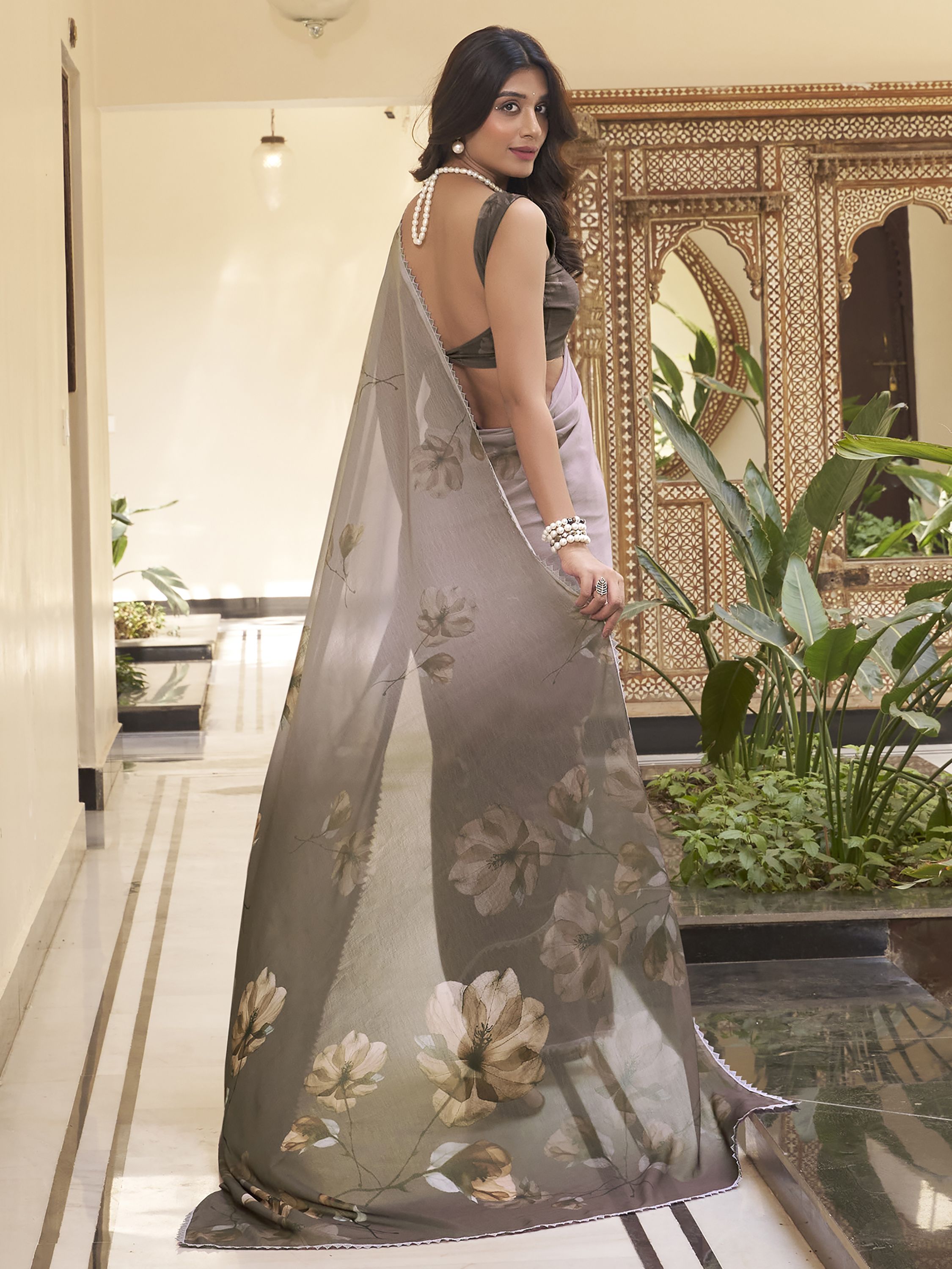 Smoky olive grey marble saree with floral print and lace border