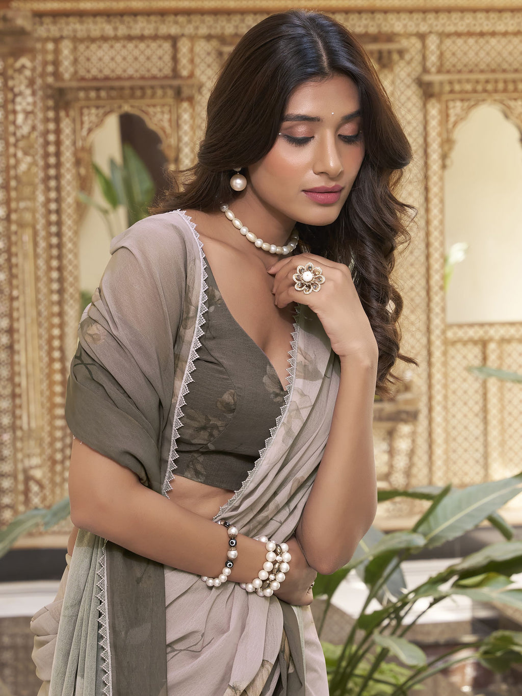 Smoky olive grey marble saree with floral print and lace border