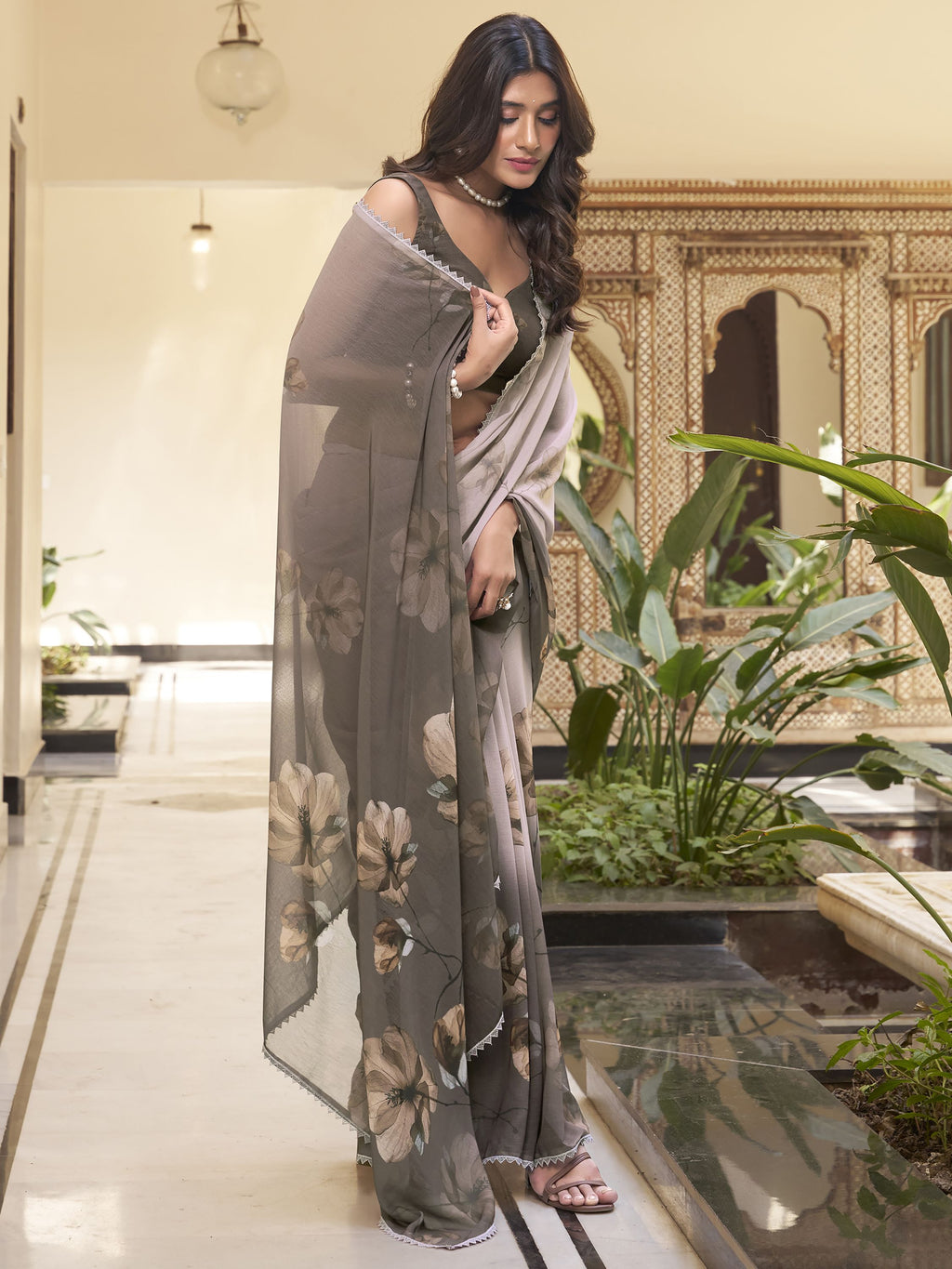 Smoky olive grey marble saree with floral print and lace border