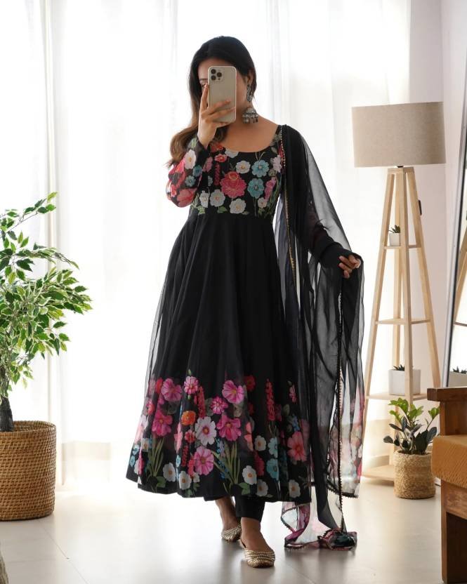 Darshika black organza floral printed anarkali suit set