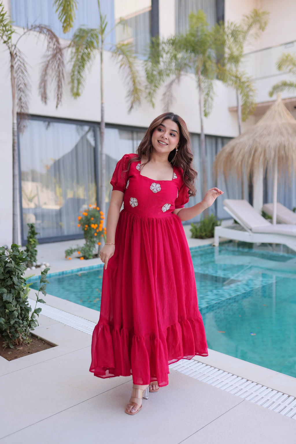 Sruvika pink Fendi silk gown with beads embroidered work