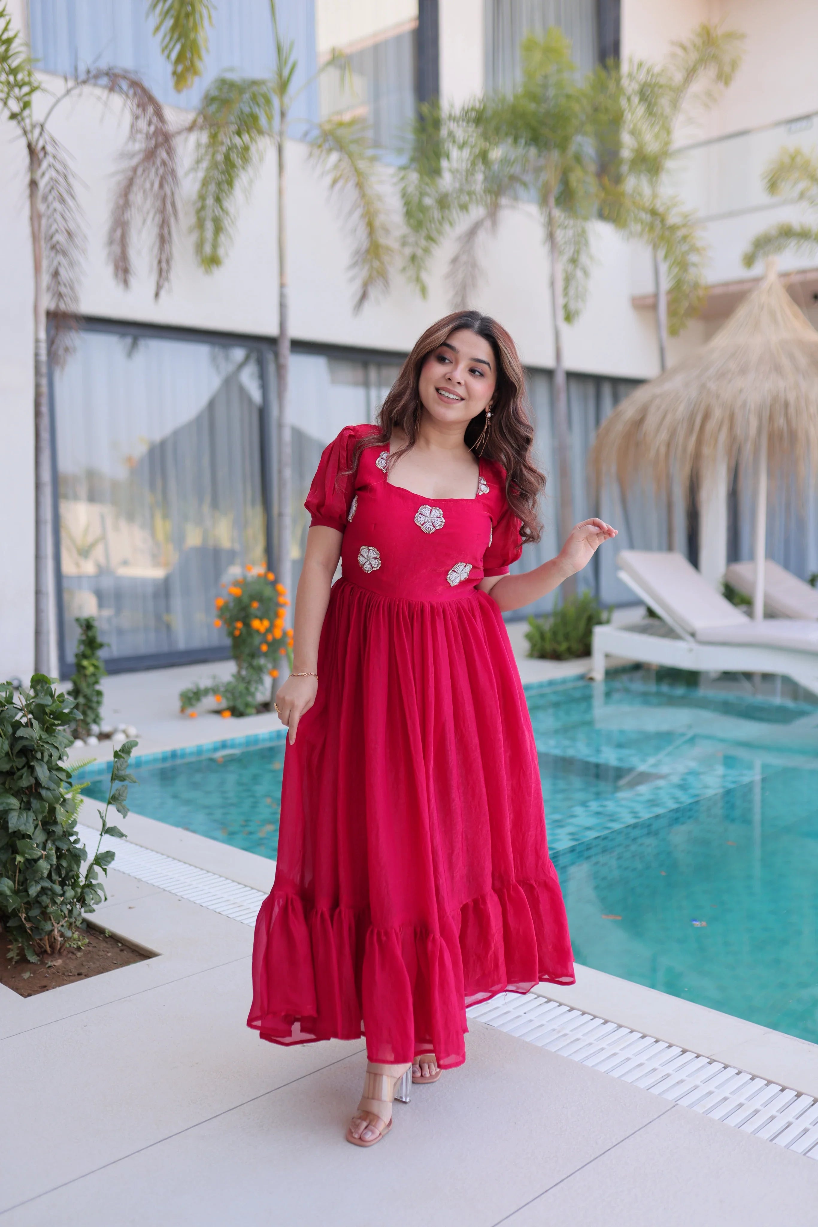 Sruvika pink Fendi silk gown with beads embroidered work