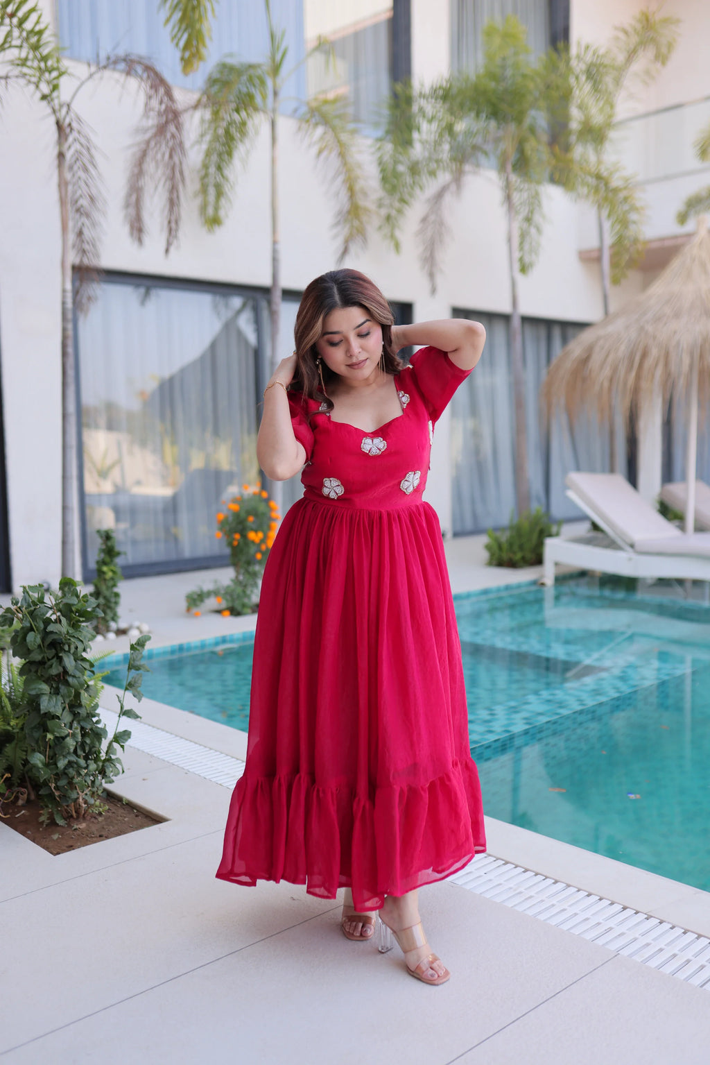 Sruvika pink Fendi silk gown with beads embroidered work