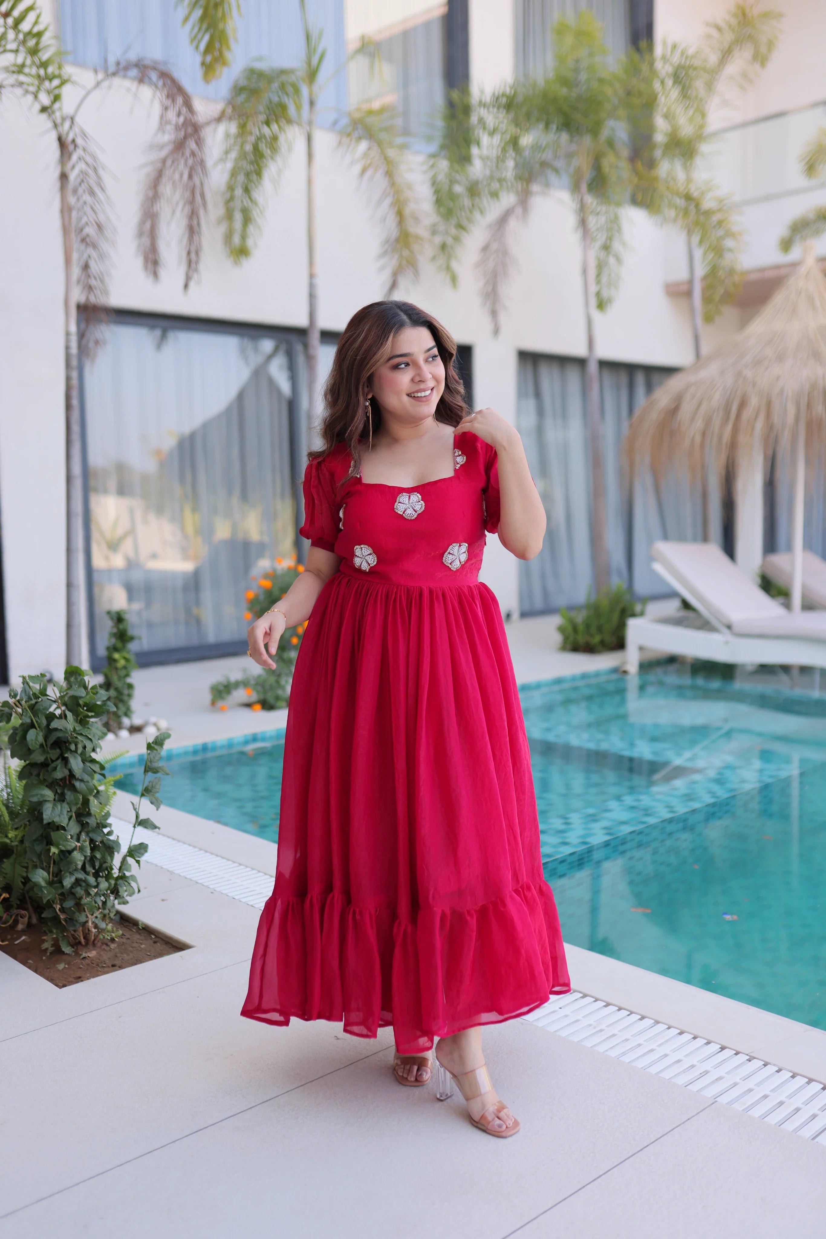 Sruvika pink Fendi silk gown with beads embroidered work
