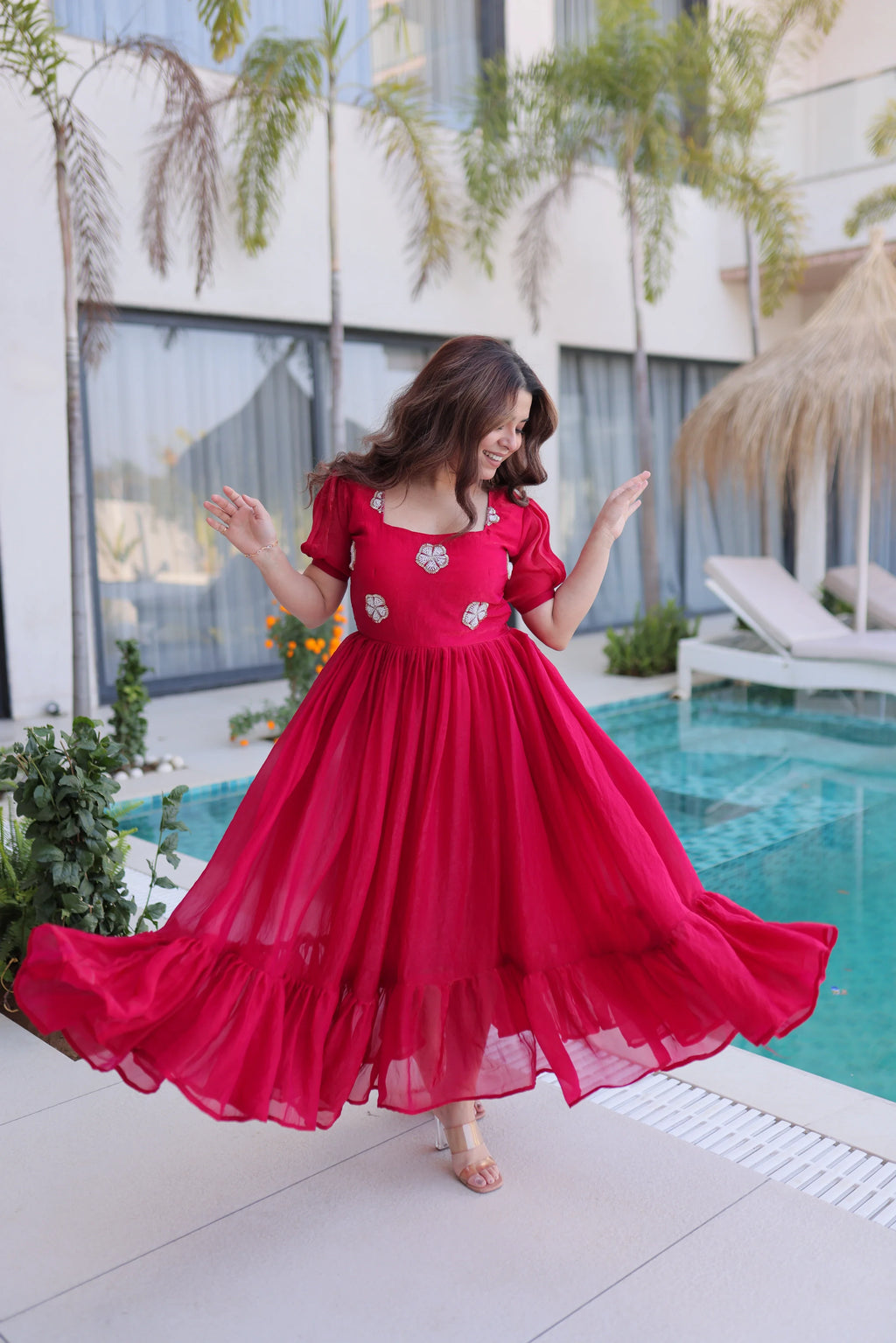 Sruvika pink Fendi silk gown with beads embroidered work
