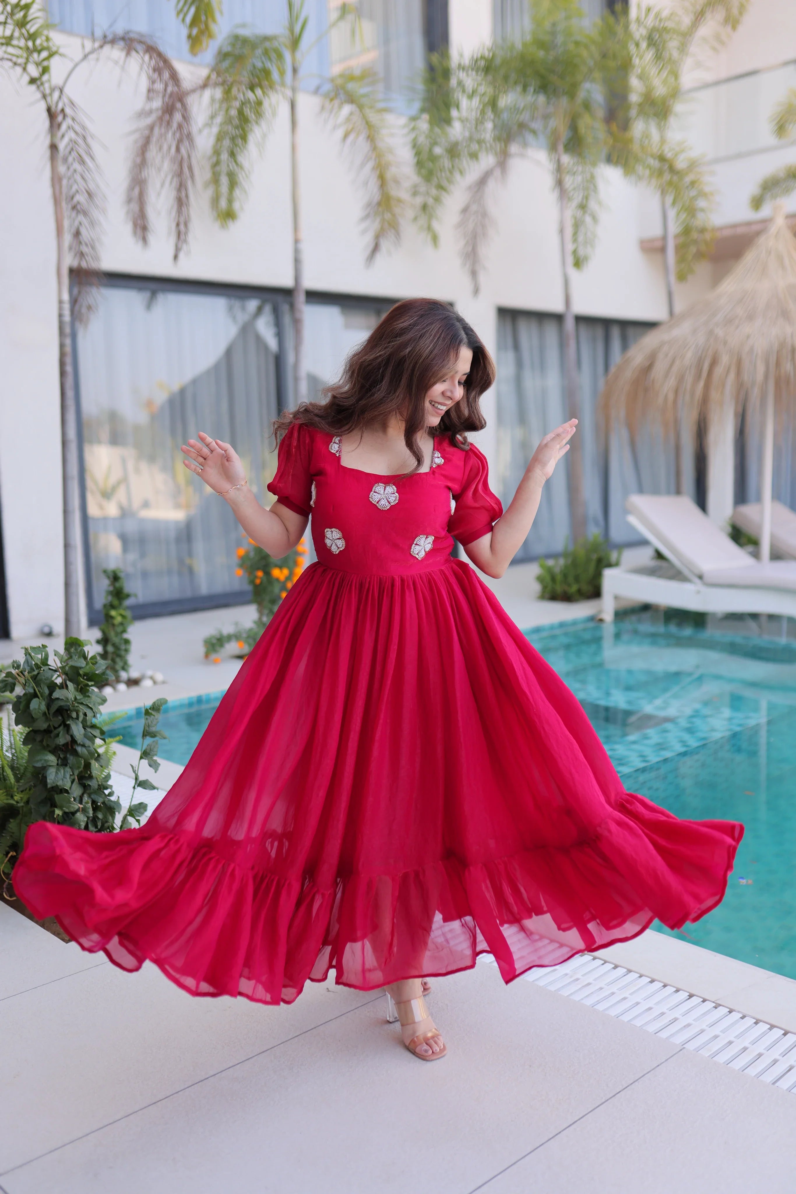 Sruvika pink Fendi silk gown with beads embroidered work