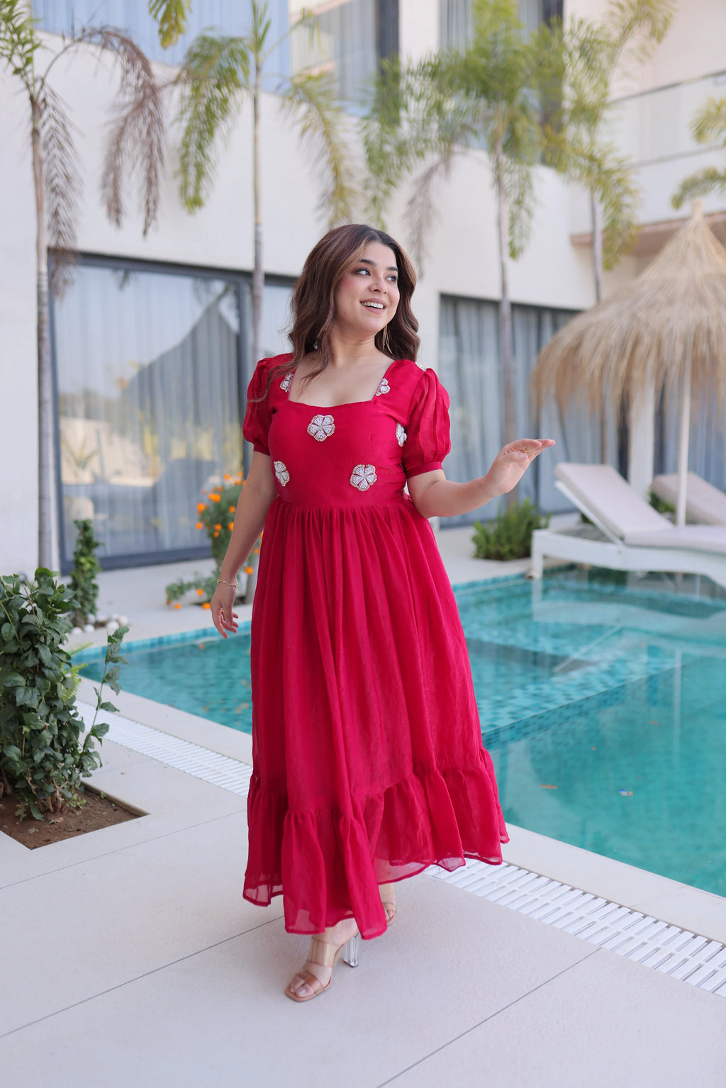 Sruvika pink Fendi silk gown with beads embroidered work