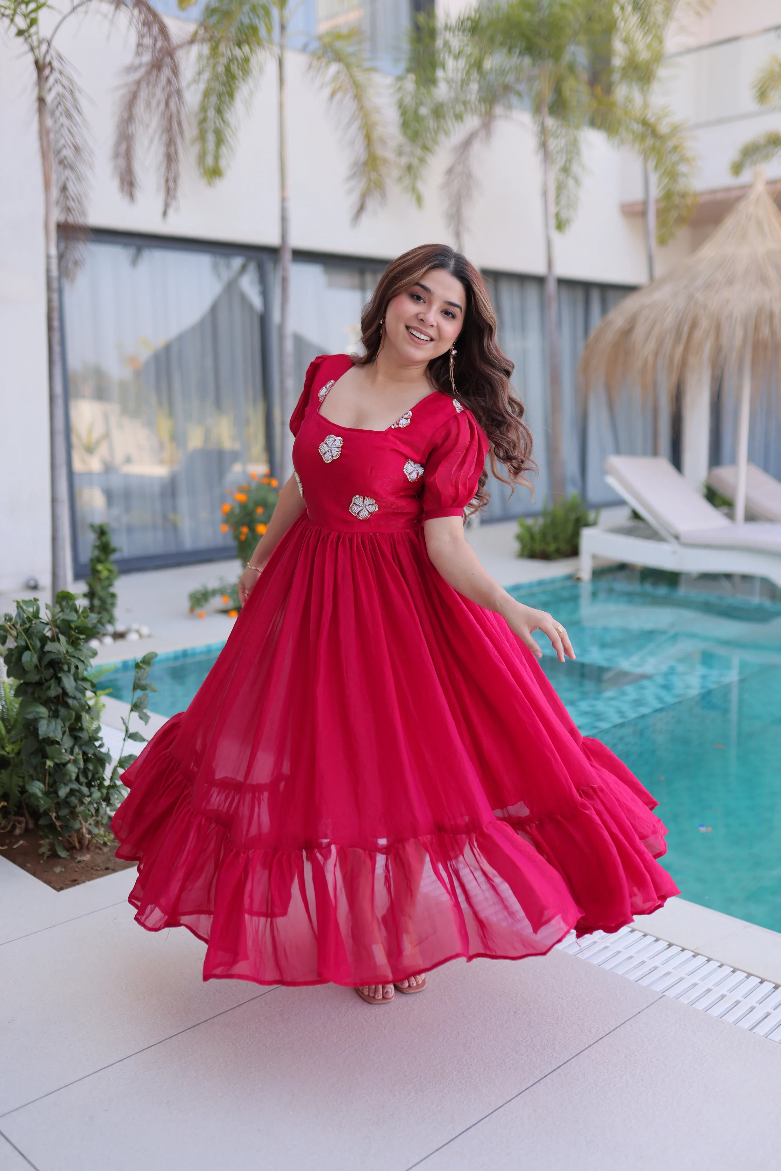 Sruvika pink Fendi silk gown with beads embroidered work