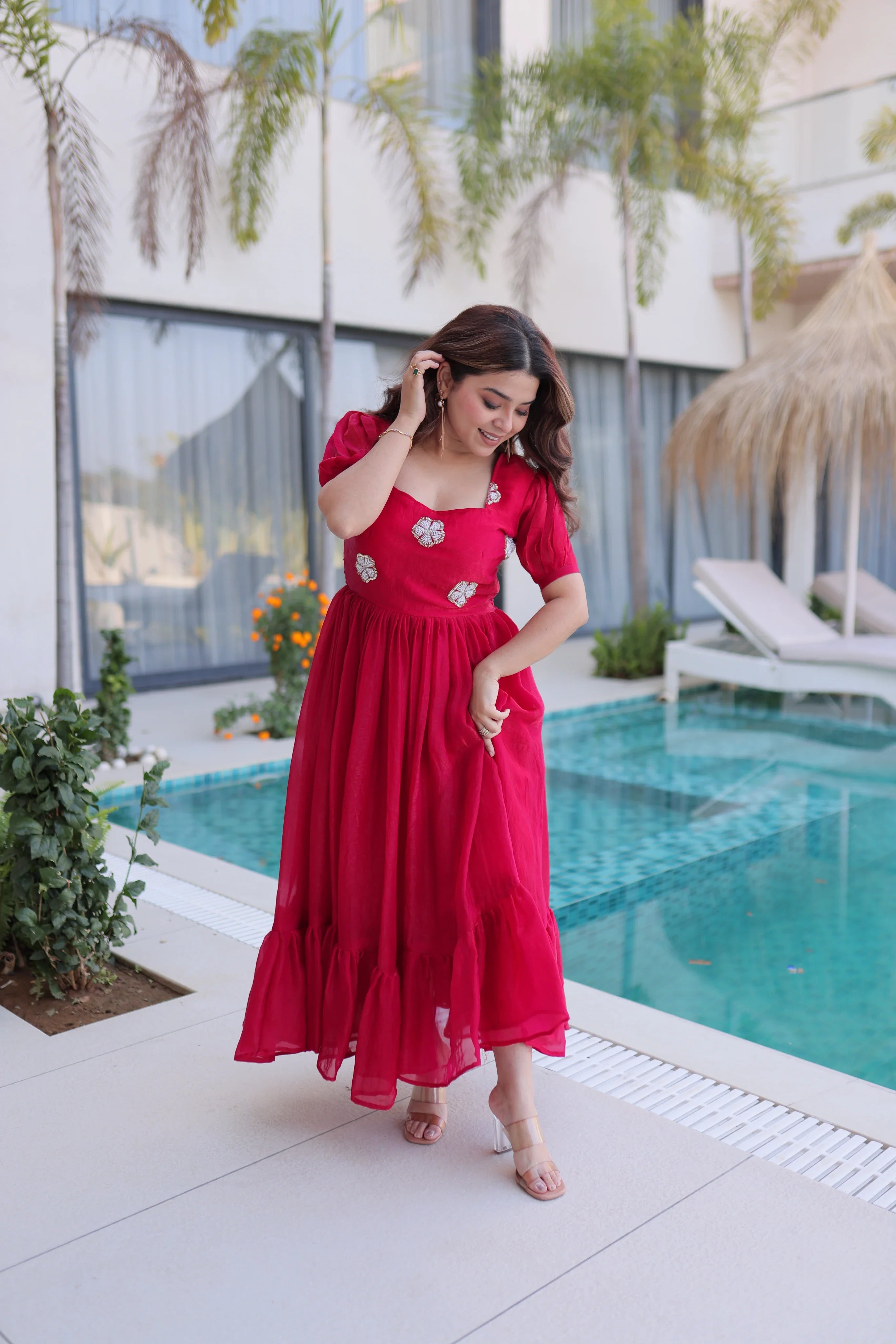 Sruvika pink Fendi silk gown with beads embroidered work