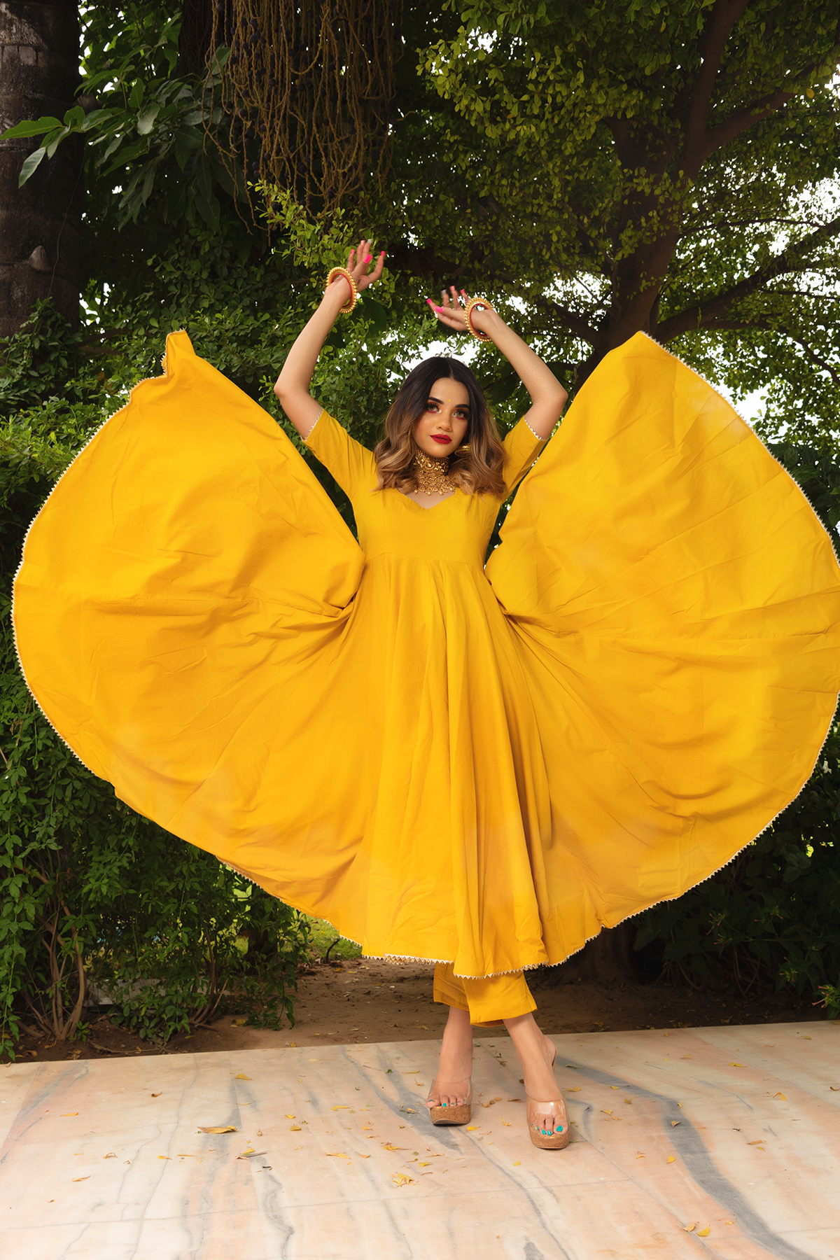Sun kissed elegance yellow cotton anarkali set
