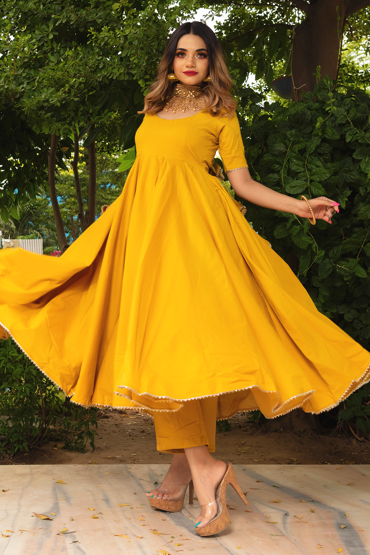 Sun kissed elegance yellow cotton anarkali set