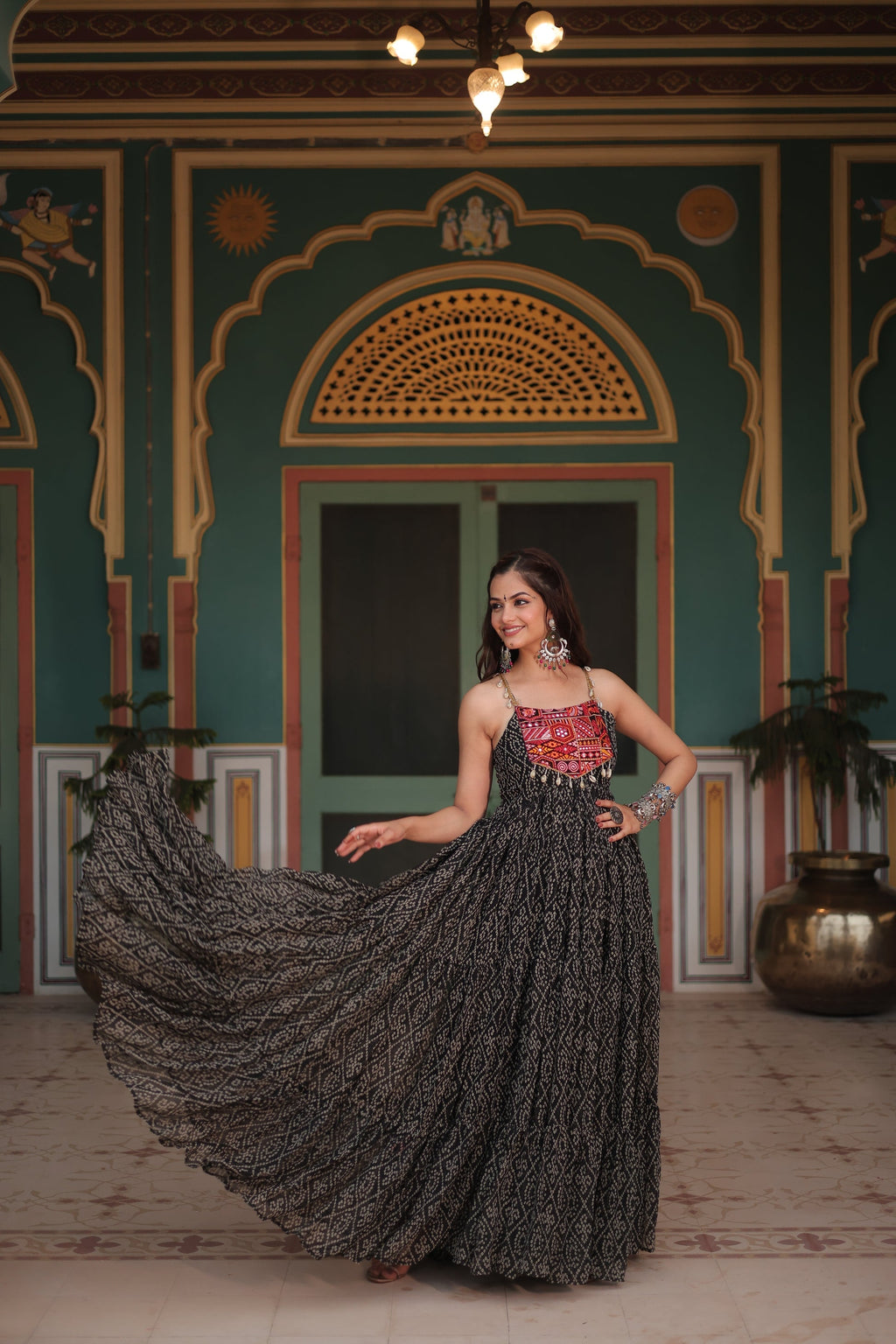 Black bandhani print georgette Taneesha designer gown