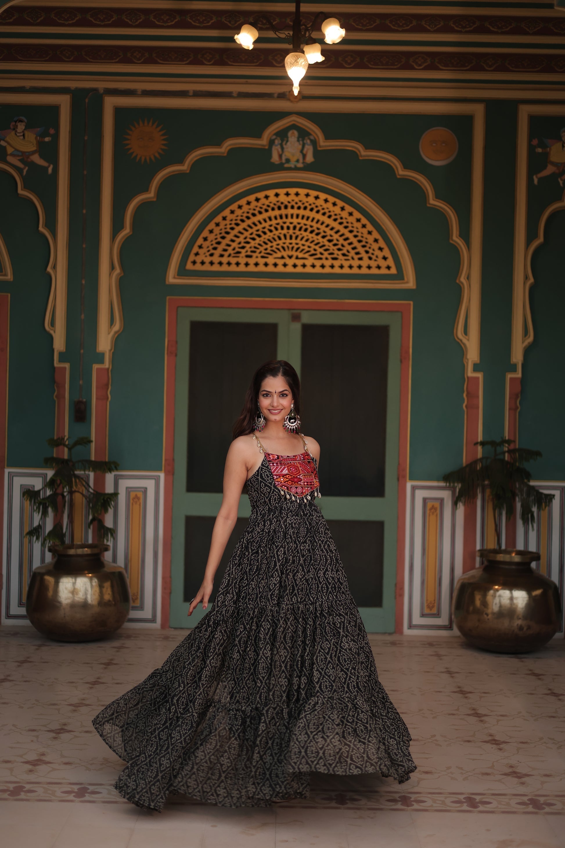Black bandhani print georgette Taneesha designer gown