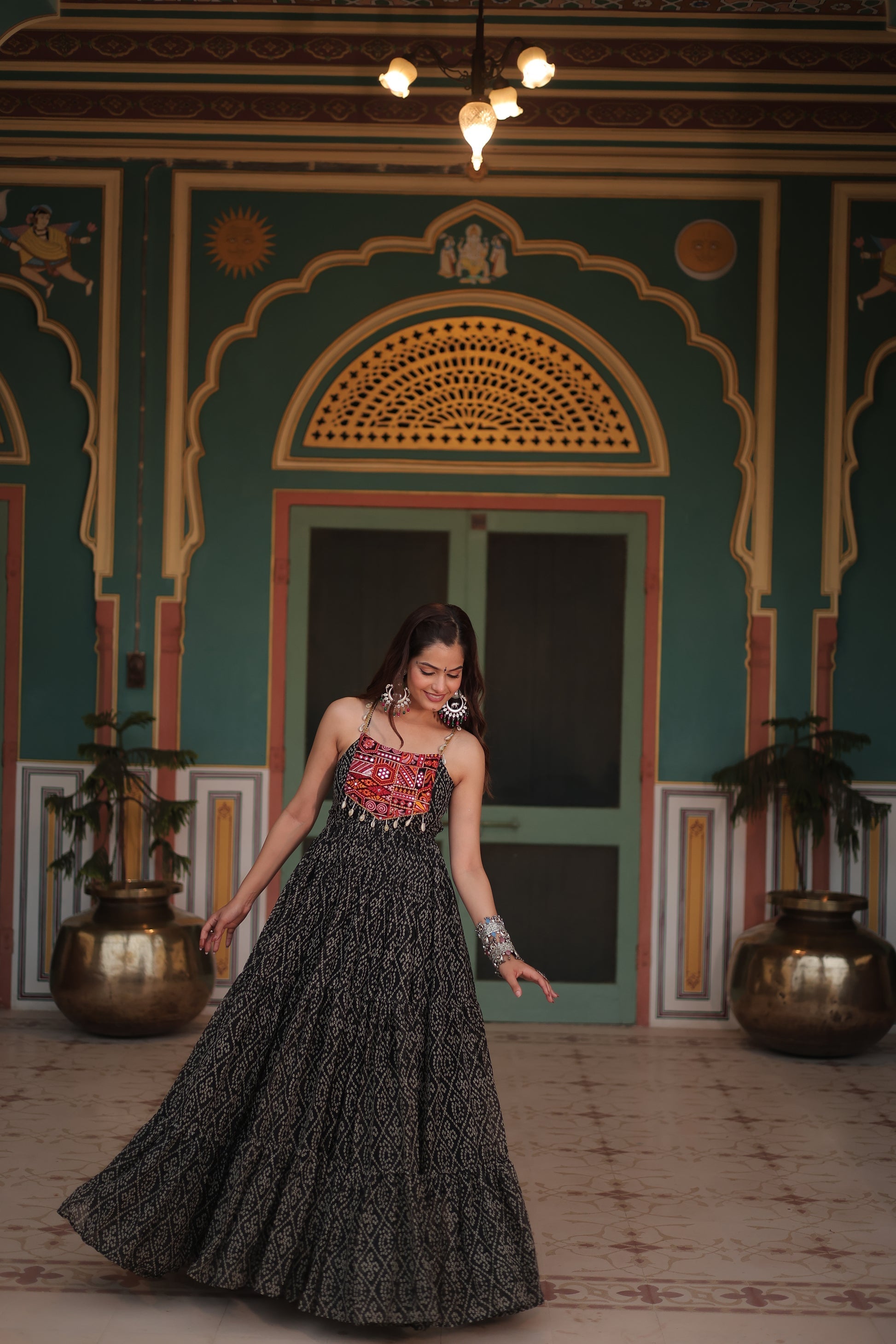 Black bandhani print georgette Taneesha designer gown