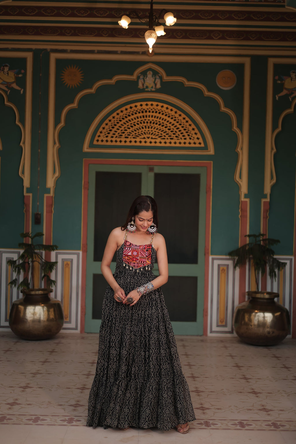 Black bandhani print georgette Taneesha designer gown