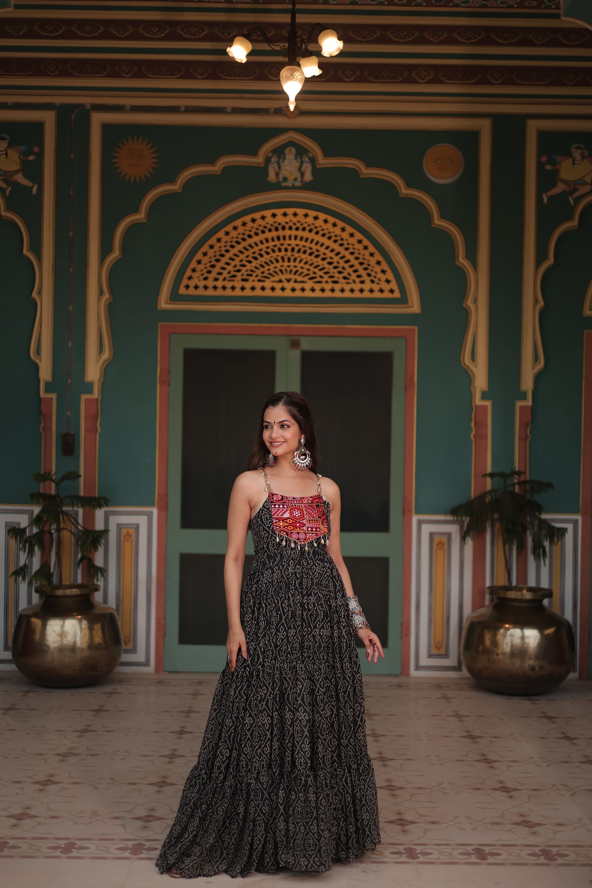 Black bandhani print georgette Taneesha designer gown
