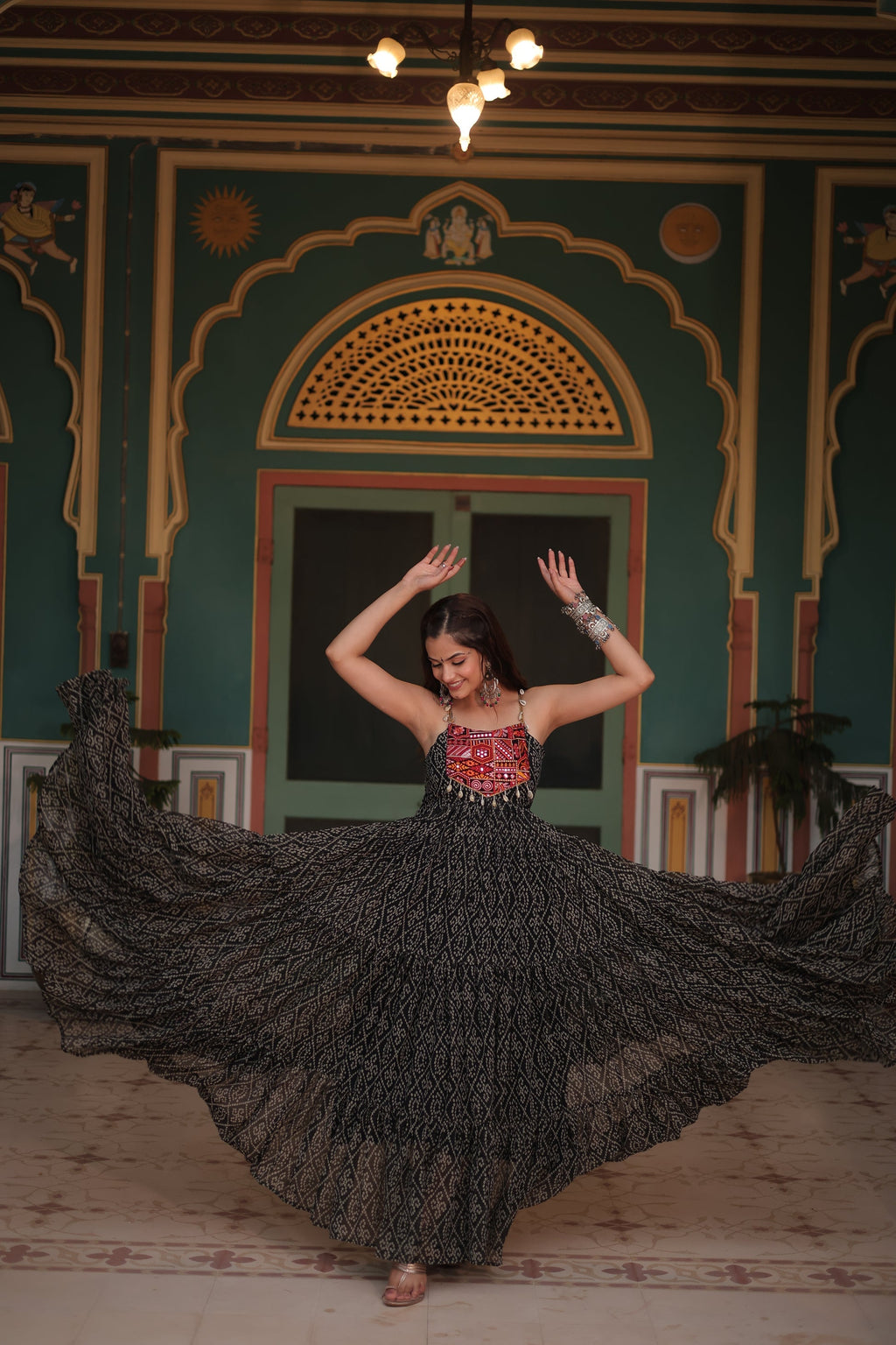 Black bandhani print georgette Taneesha designer gown