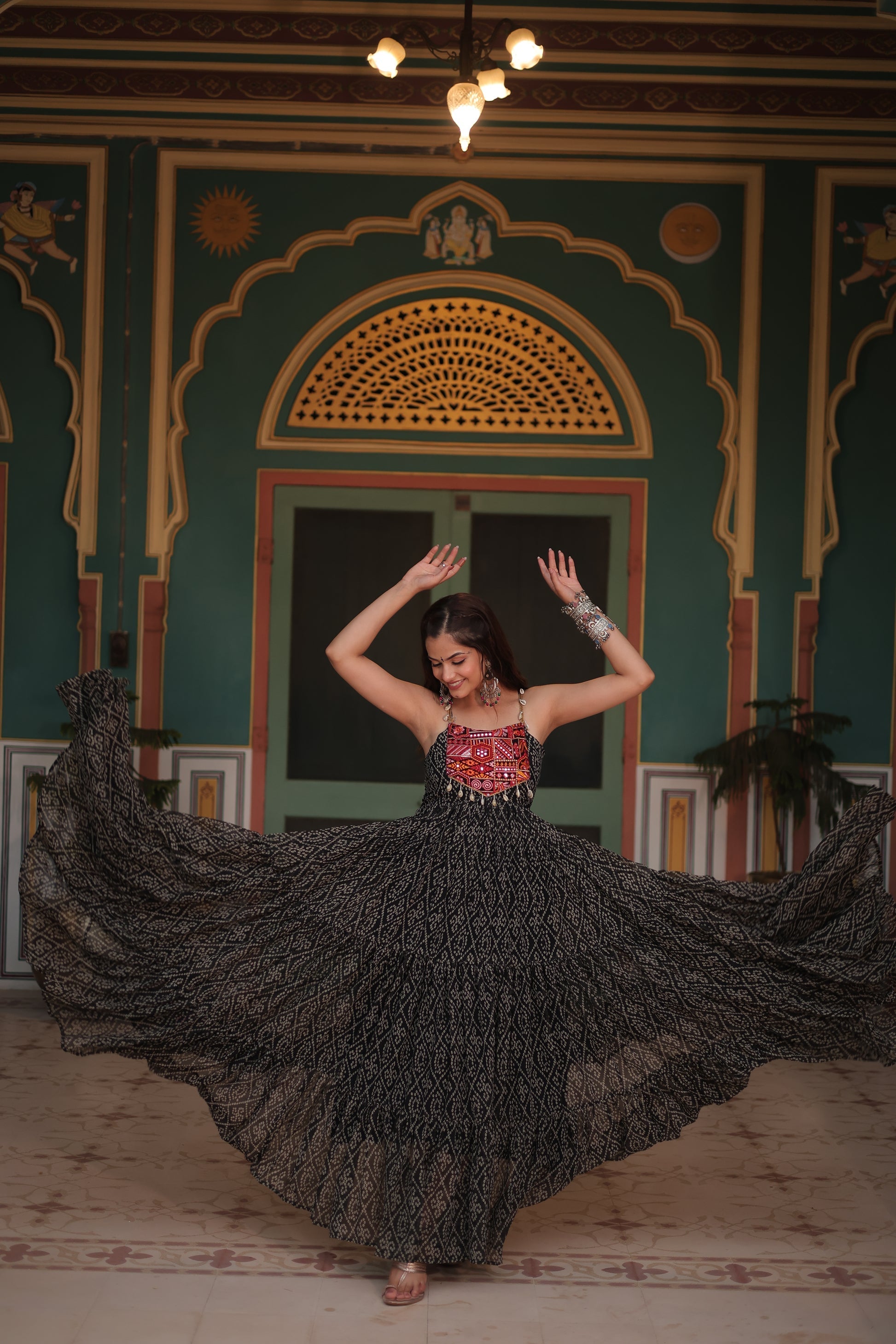 Black bandhani print georgette Taneesha designer gown