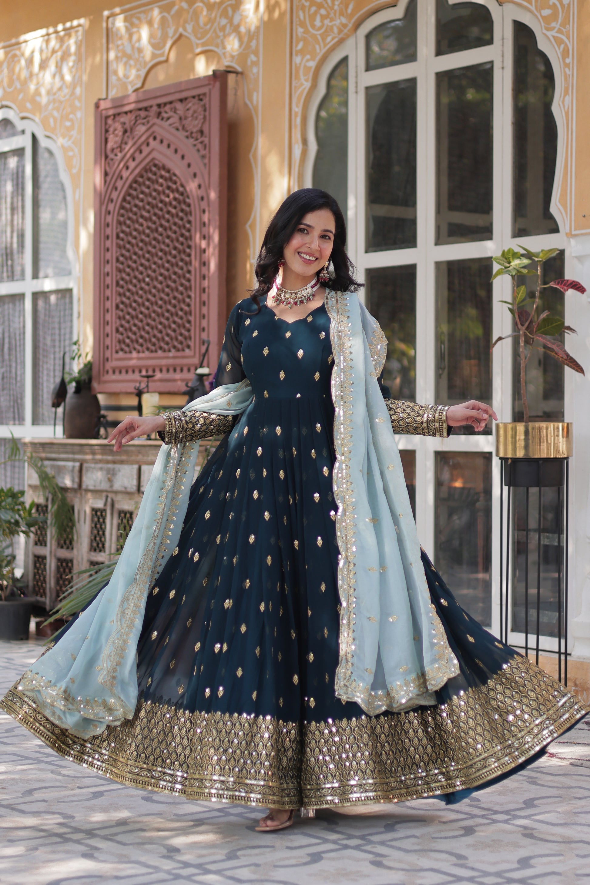 Blue georgette embroidered Tanvika designer Anarkali gown