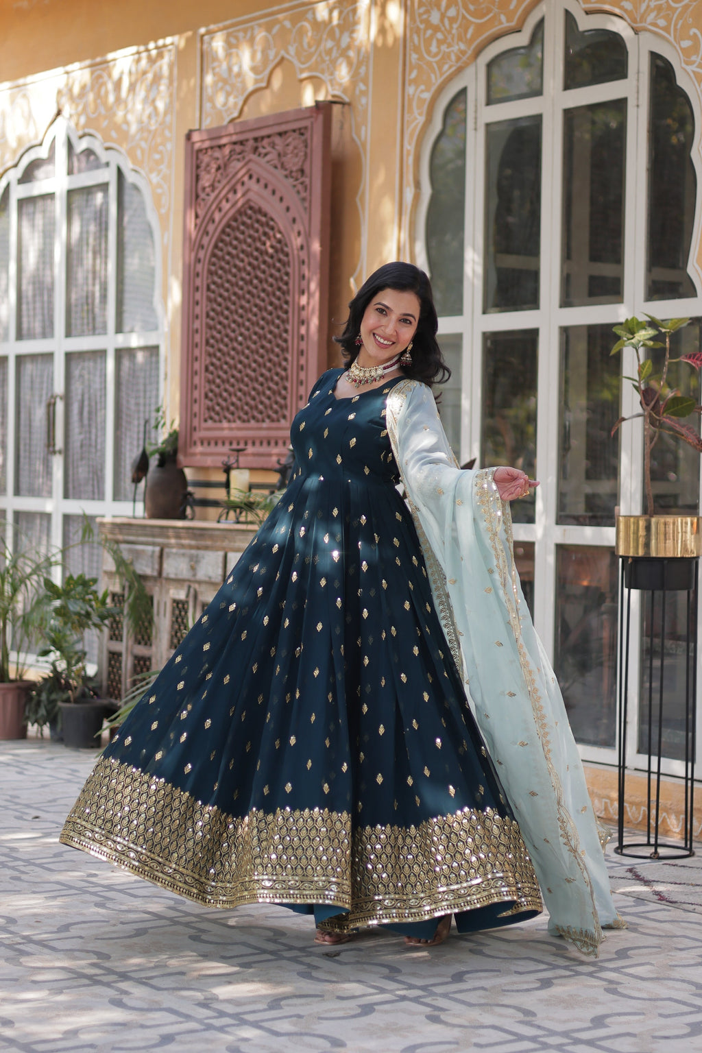 Blue georgette embroidered Tanvika designer Anarkali gown