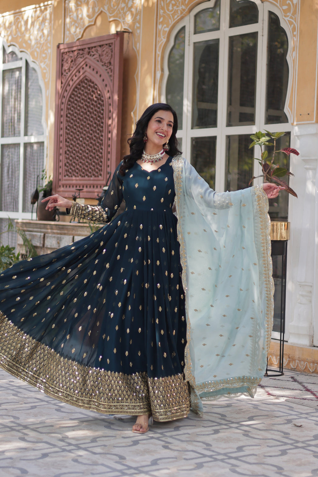 Blue georgette embroidered Tanvika designer Anarkali gown