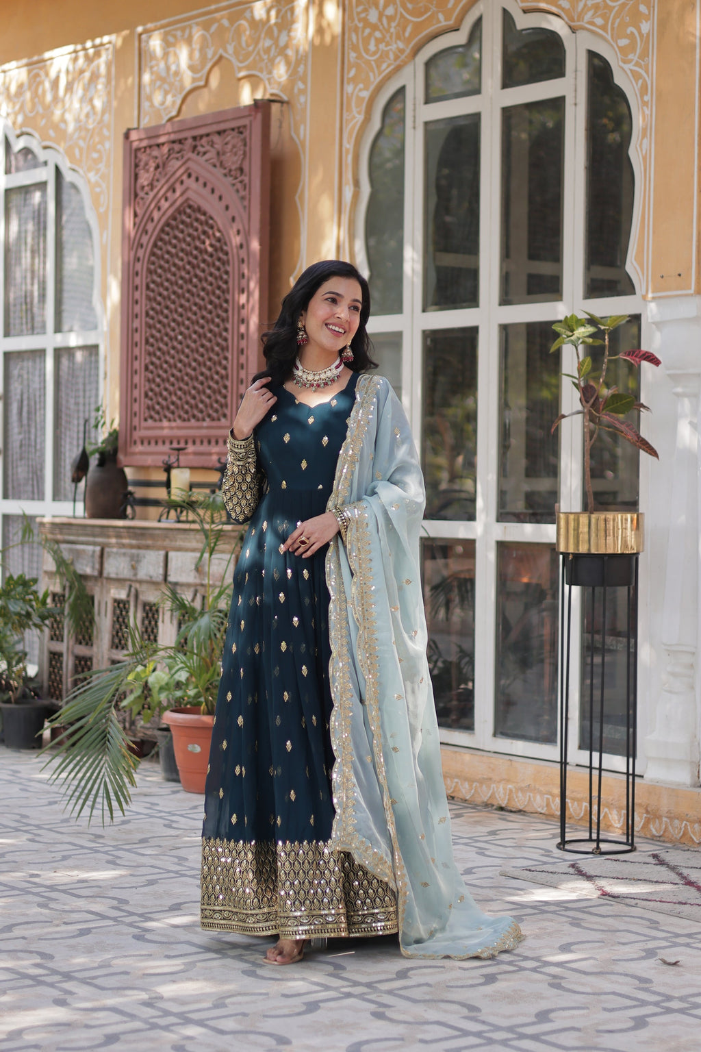 Blue georgette embroidered Tanvika designer Anarkali gown
