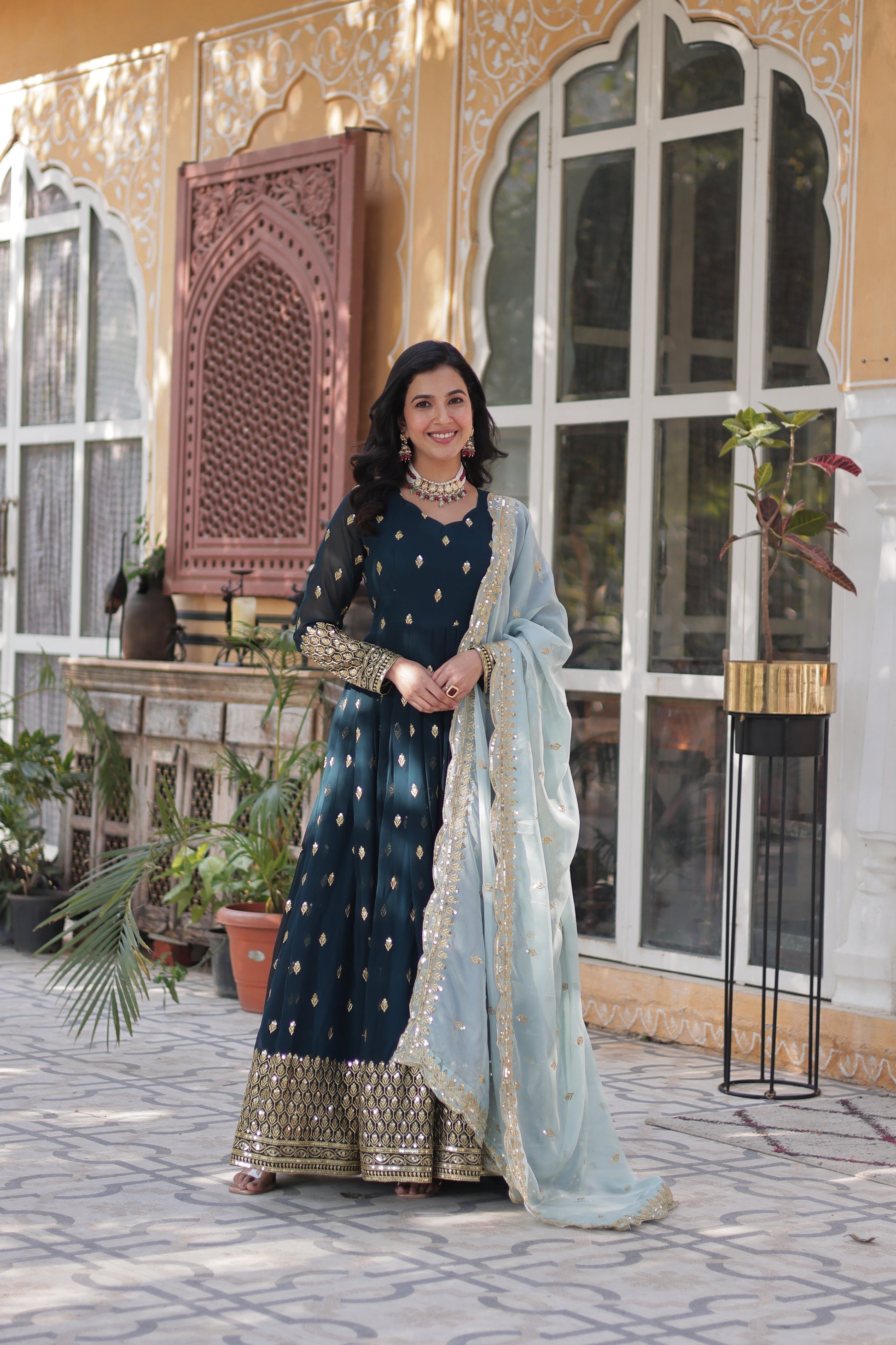 Blue georgette embroidered Tanvika designer Anarkali gown