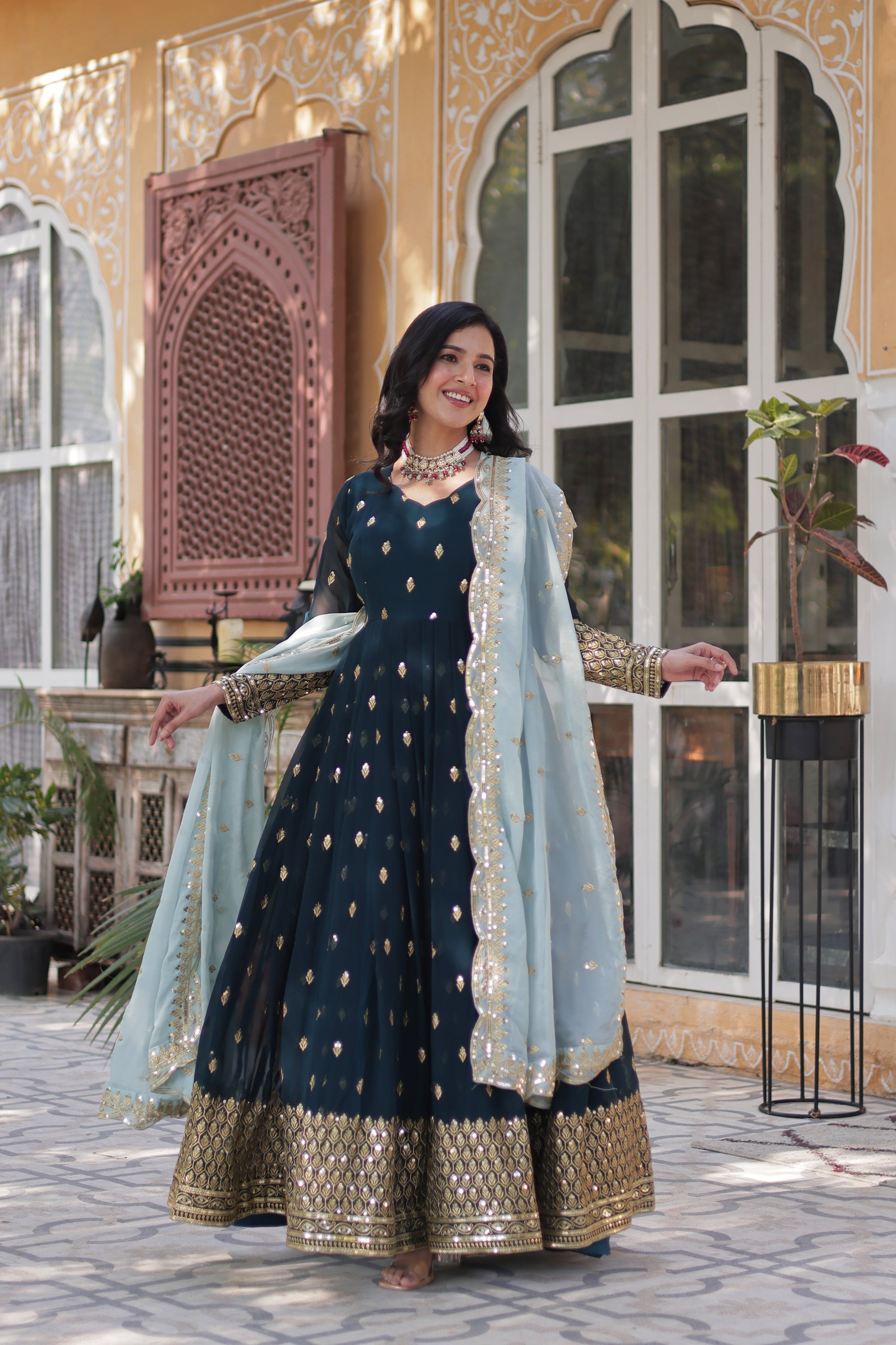Blue georgette embroidered Tanvika designer Anarkali gown