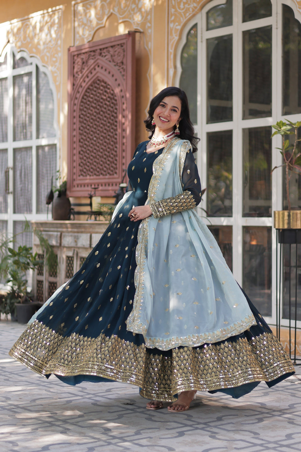 Blue georgette embroidered Tanvika designer Anarkali gown