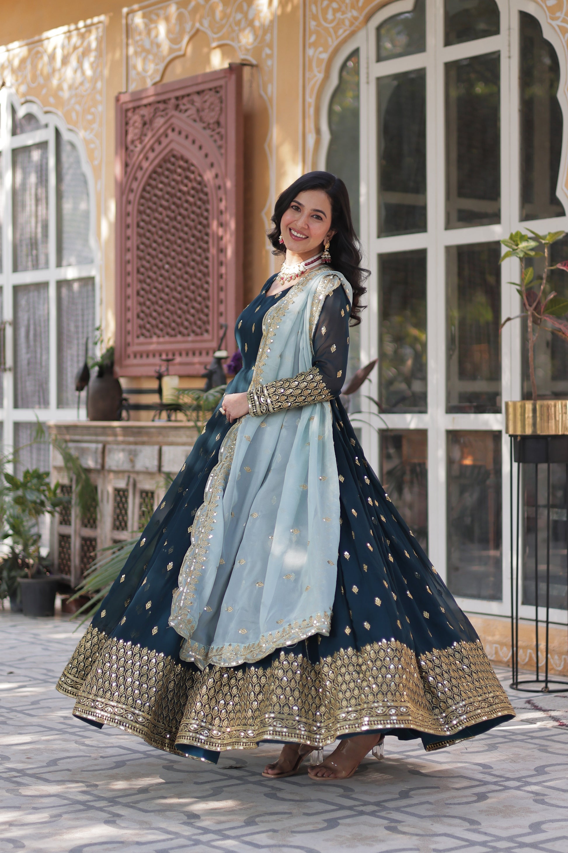 Blue georgette embroidered Tanvika designer Anarkali gown