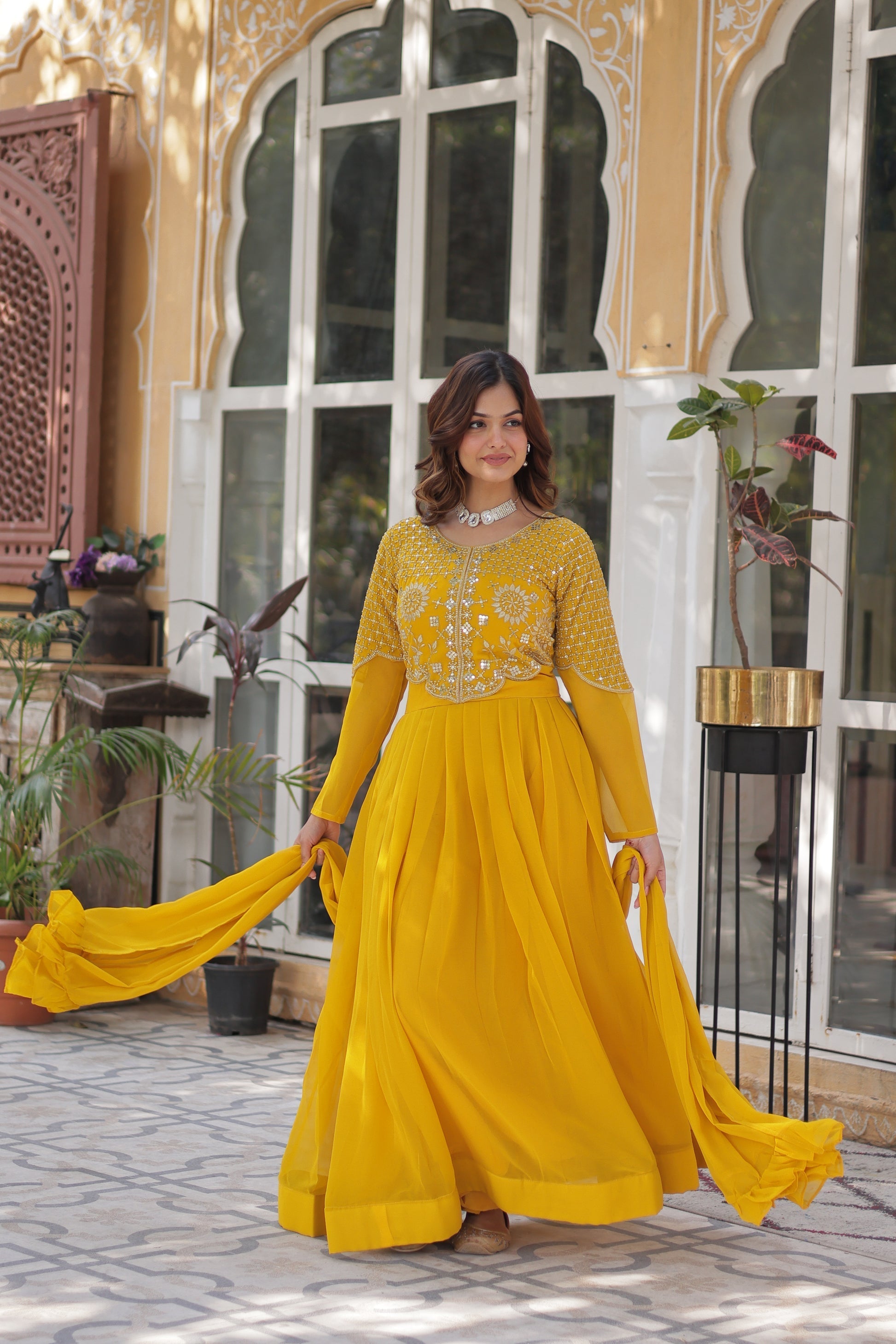 Tarakini yellow embroidered anarkali gown set