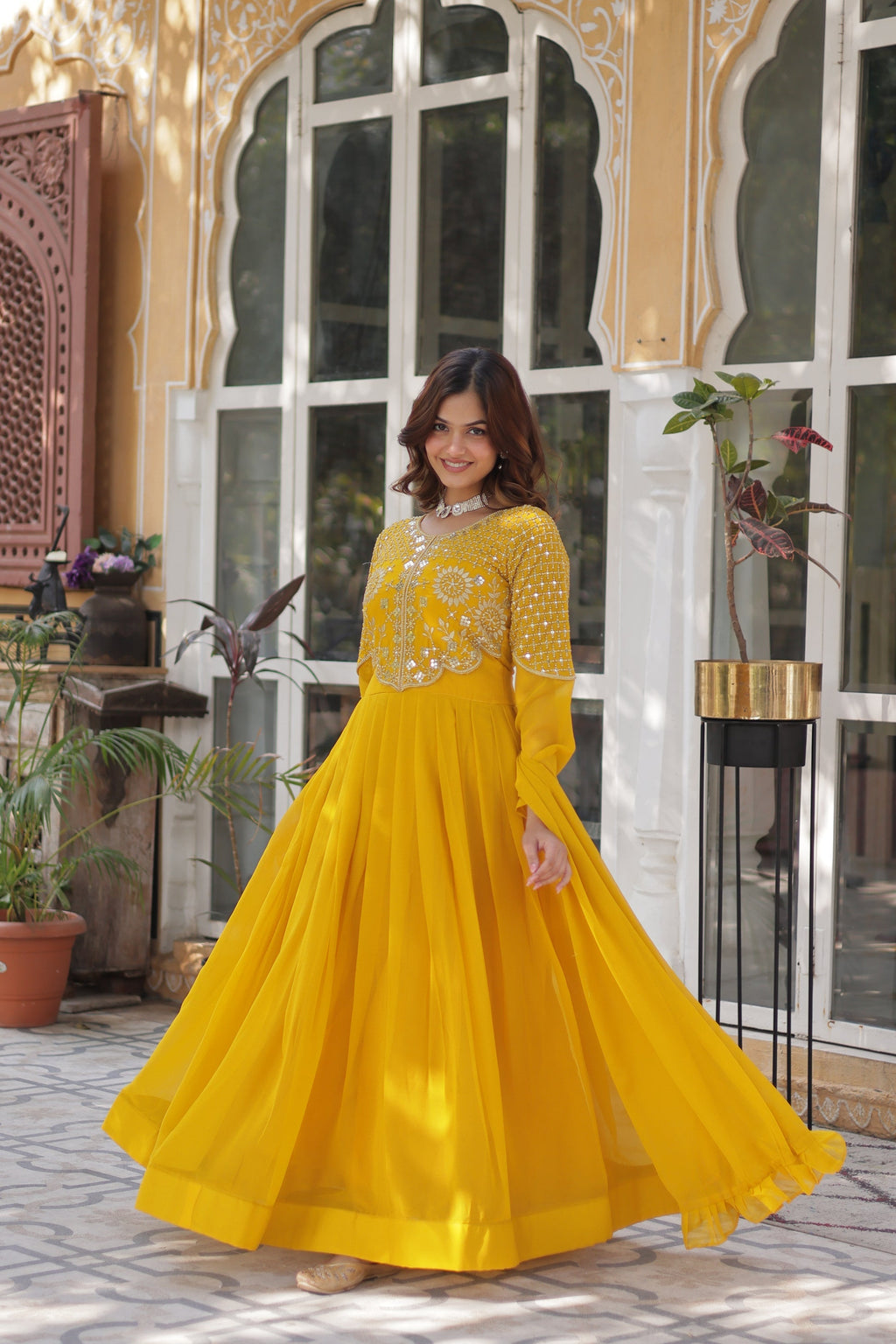 Tarakini yellow embroidered anarkali gown set