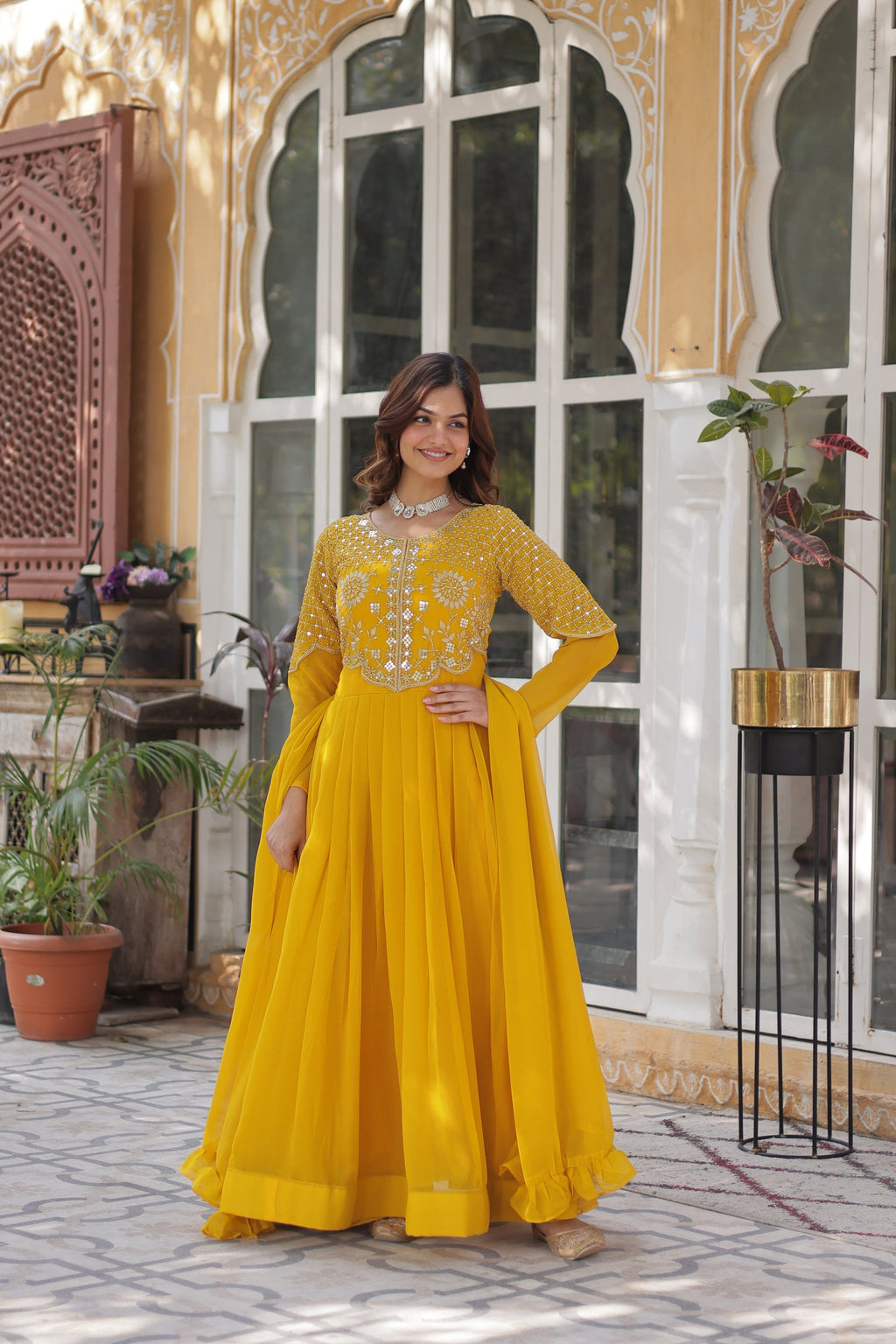 Tarakini yellow embroidered anarkali gown set