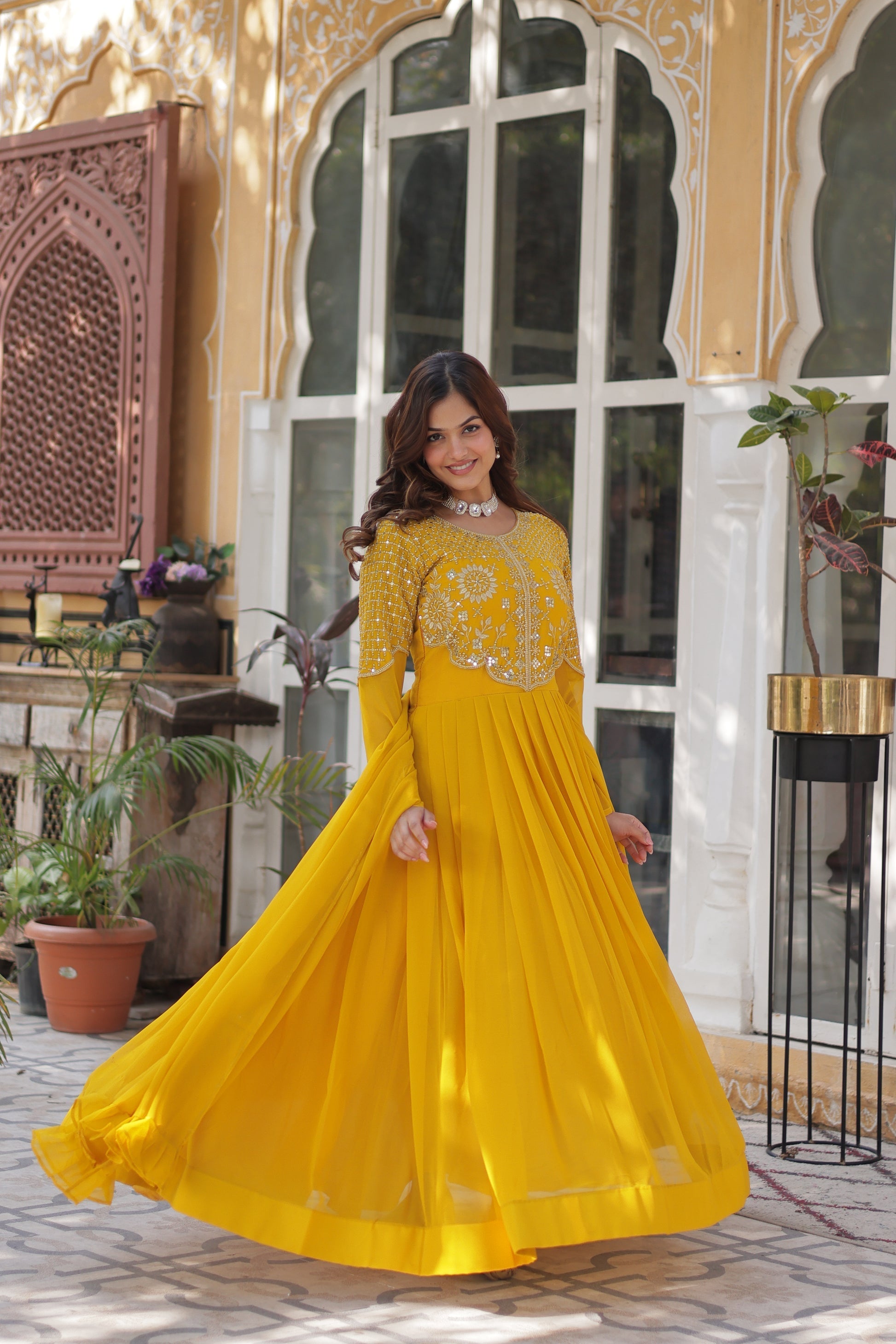 Tarakini yellow embroidered anarkali gown set