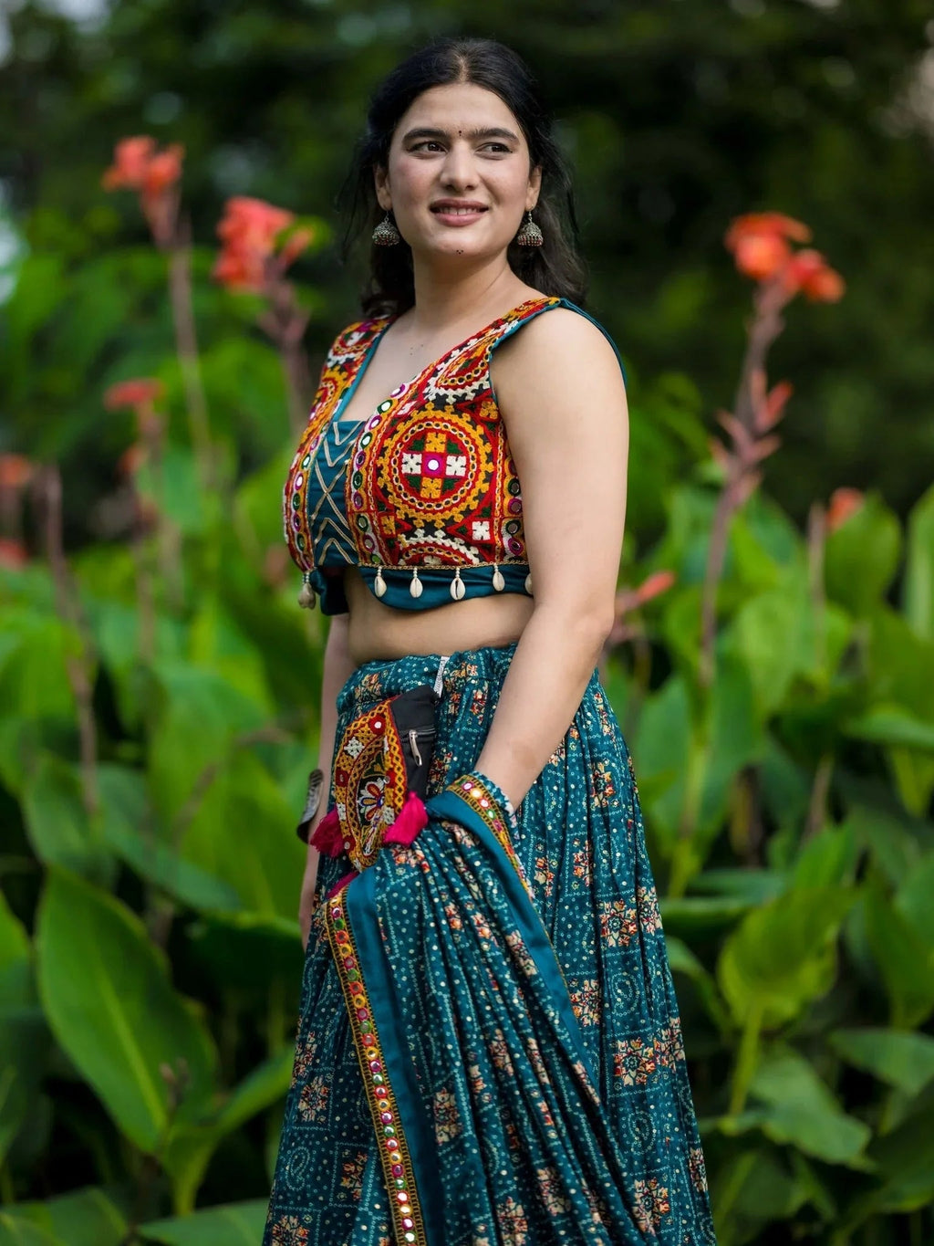 Teal blue rayon printed Gamthi patch work lehenga choli with purse