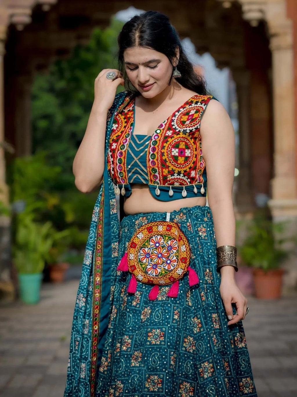 Teal blue rayon printed Gamthi patch work lehenga choli with purse