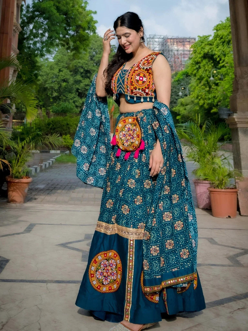 Teal blue rayon printed Gamthi patch work lehenga choli with purse