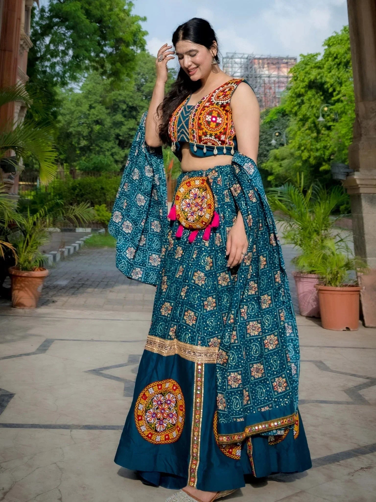 Teal blue rayon printed Gamthi patch work lehenga choli with purse